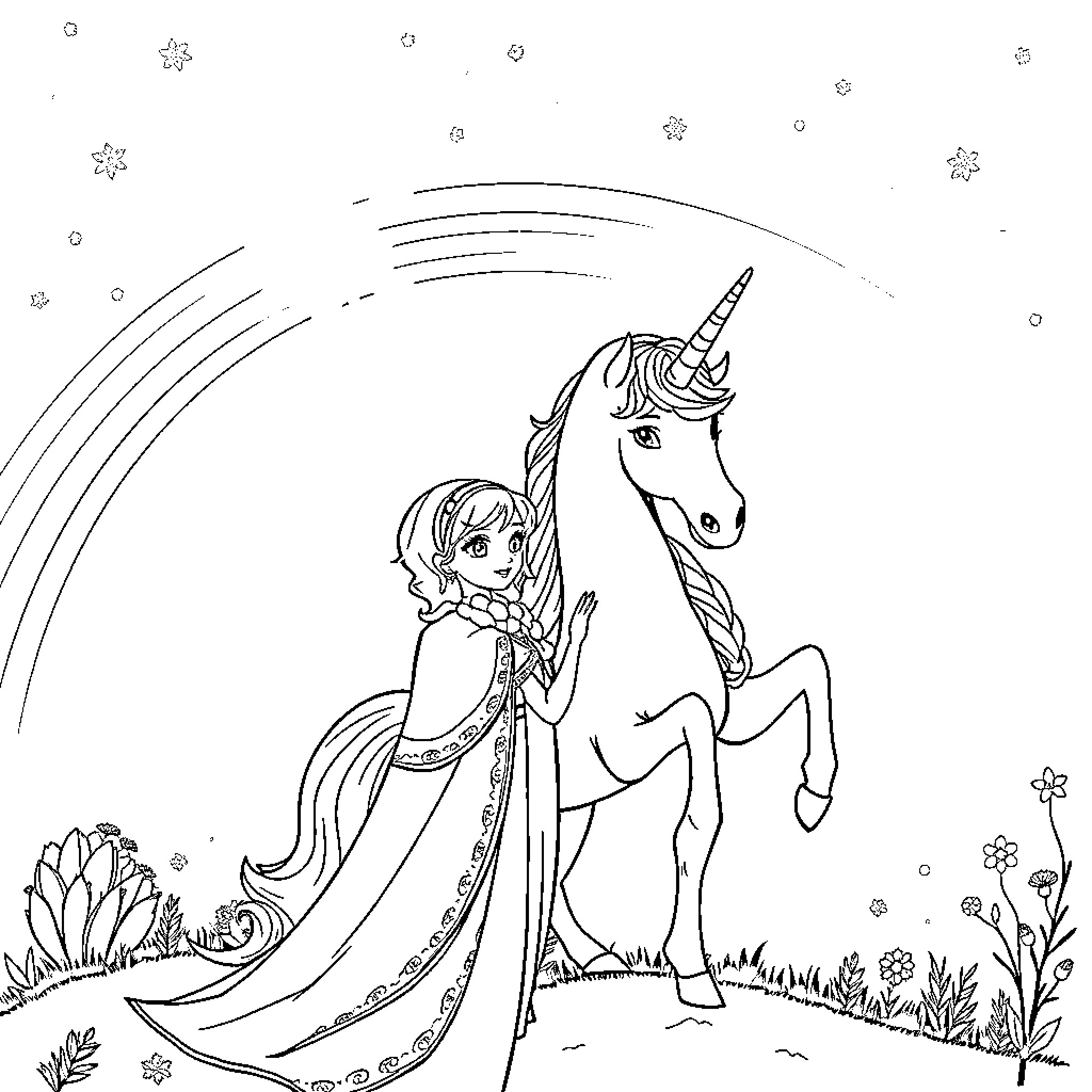 Princess and her Magical Unicorn Coloring Page (free black-and-white line drawing printable PDF for all, from beginners to advanced learners, including children, teens, adults, and seniors)