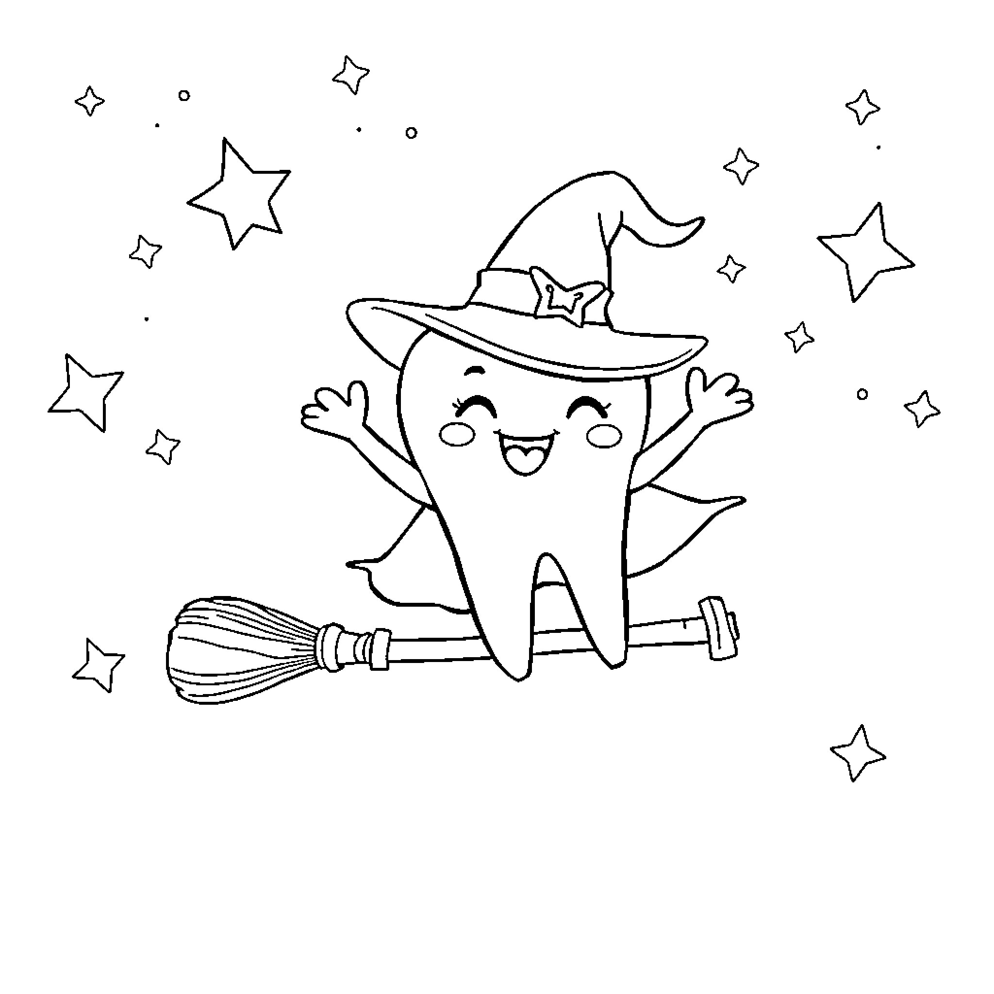 Tooth Witch Flying with Broomstick and Stars Coloring Page (free black-and-white line drawing printable PDF for all, from beginners to advanced learners, including children, teens, adults, and seniors)