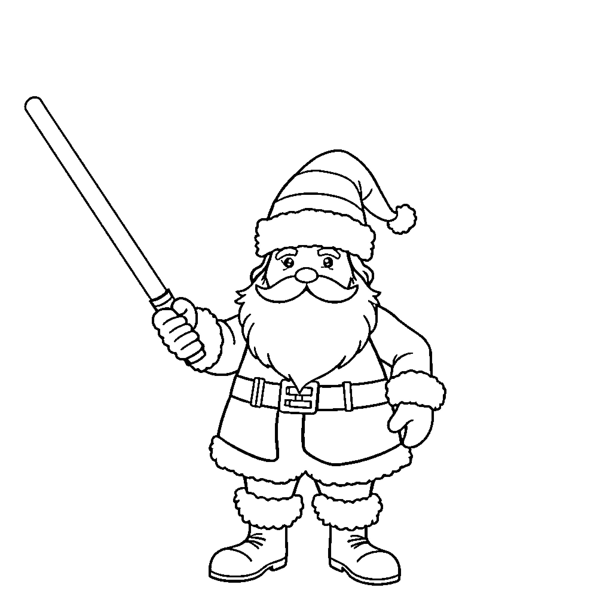 Santa Holding a Lightsaber in Winter Attire Coloring Page (free black-and-white line drawing printable PDF for all, from beginners to advanced learners, including children, teens, adults, and seniors)