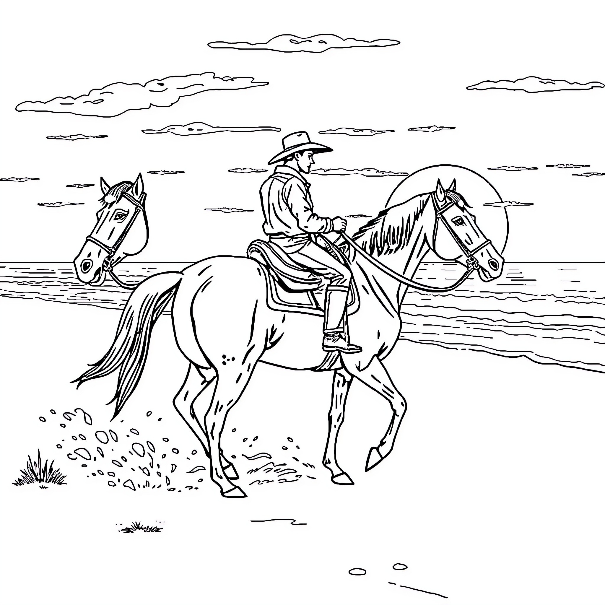 Cowboy riding horses in the wilderness Coloring Page (free black-and-white line drawing printable PDF for all, from beginners to advanced learners, including children, teens, adults, and seniors)