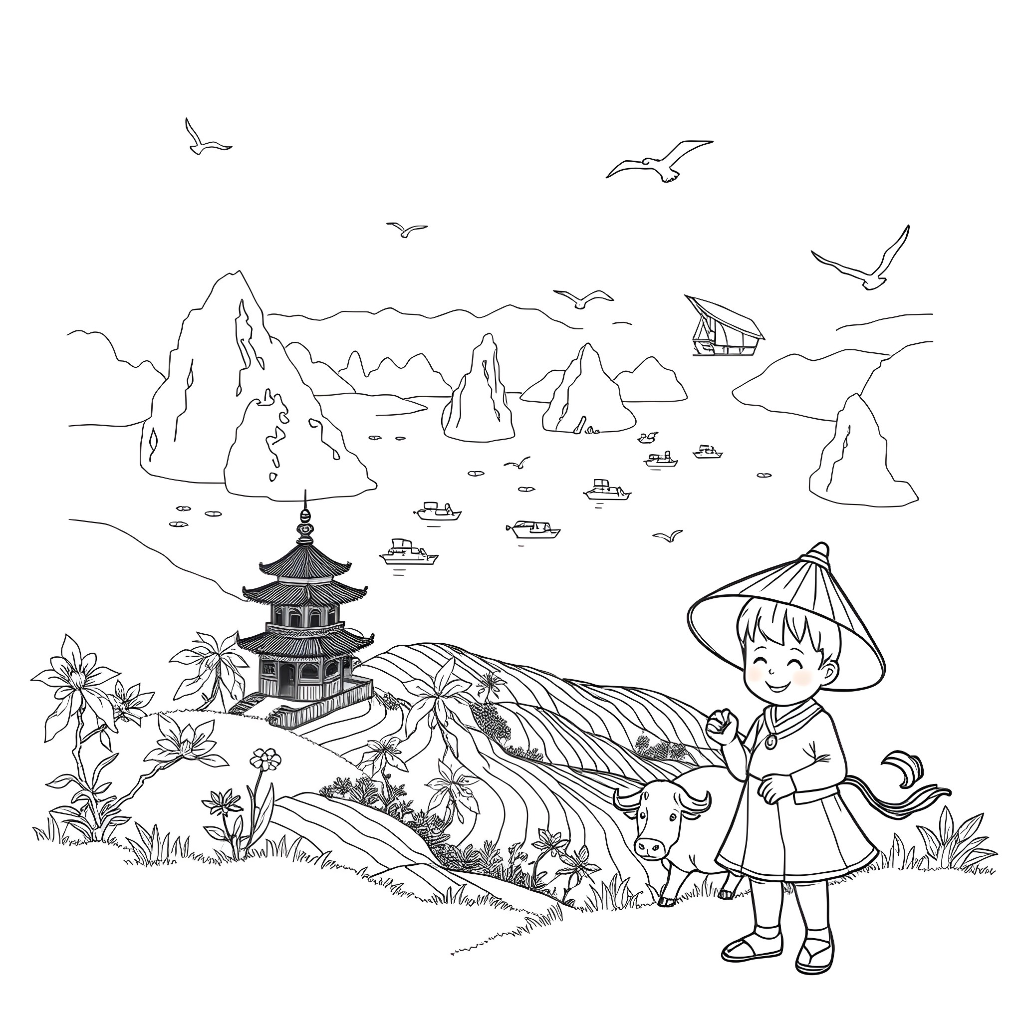Vietnam Landmark: Scenic Landscapes and Villager Coloring Page (free black-and-white line drawing printable PDF for all, from beginners to advanced learners, including children, teens, adults, and seniors)