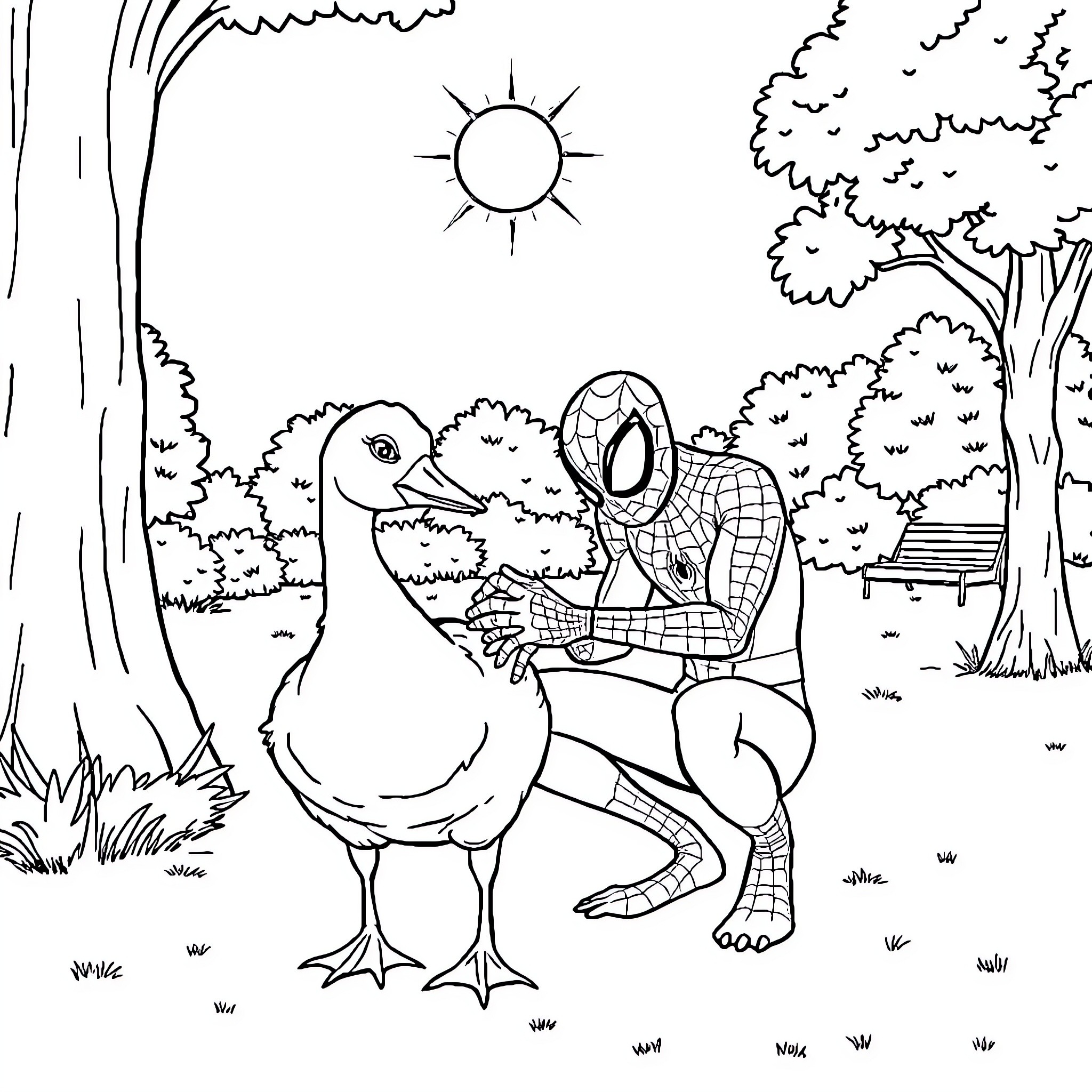 Spider-Man Plays Happily with Ducklings in the Park Coloring Page (free black-and-white line drawing printable PDF for all, from beginners to advanced learners, including children, teens, adults, and seniors)
