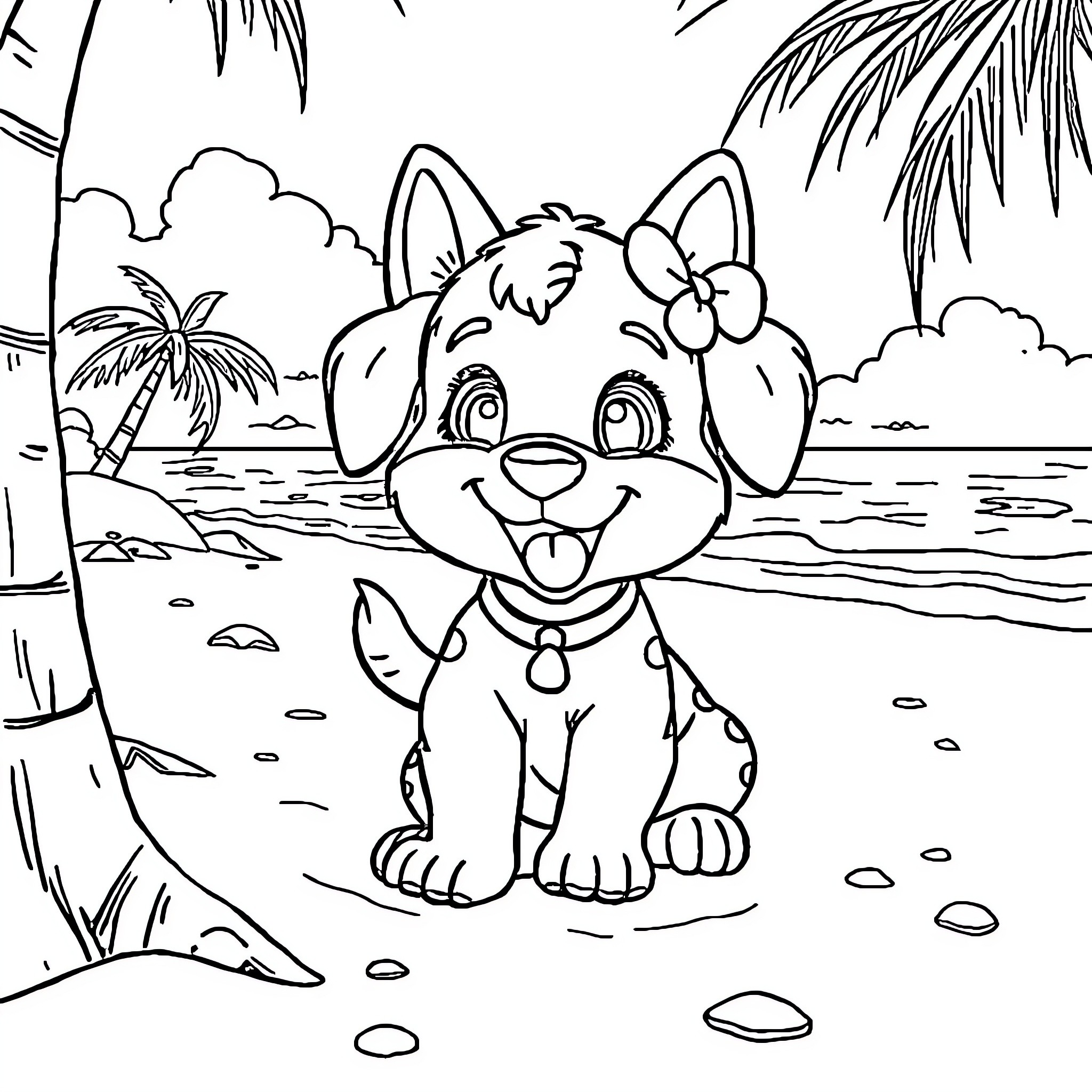 Labubu the happy puppy playing on the beach Coloring Page (free black-and-white line drawing printable PDF for all, from beginners to advanced learners, including children, teens, adults, and seniors)