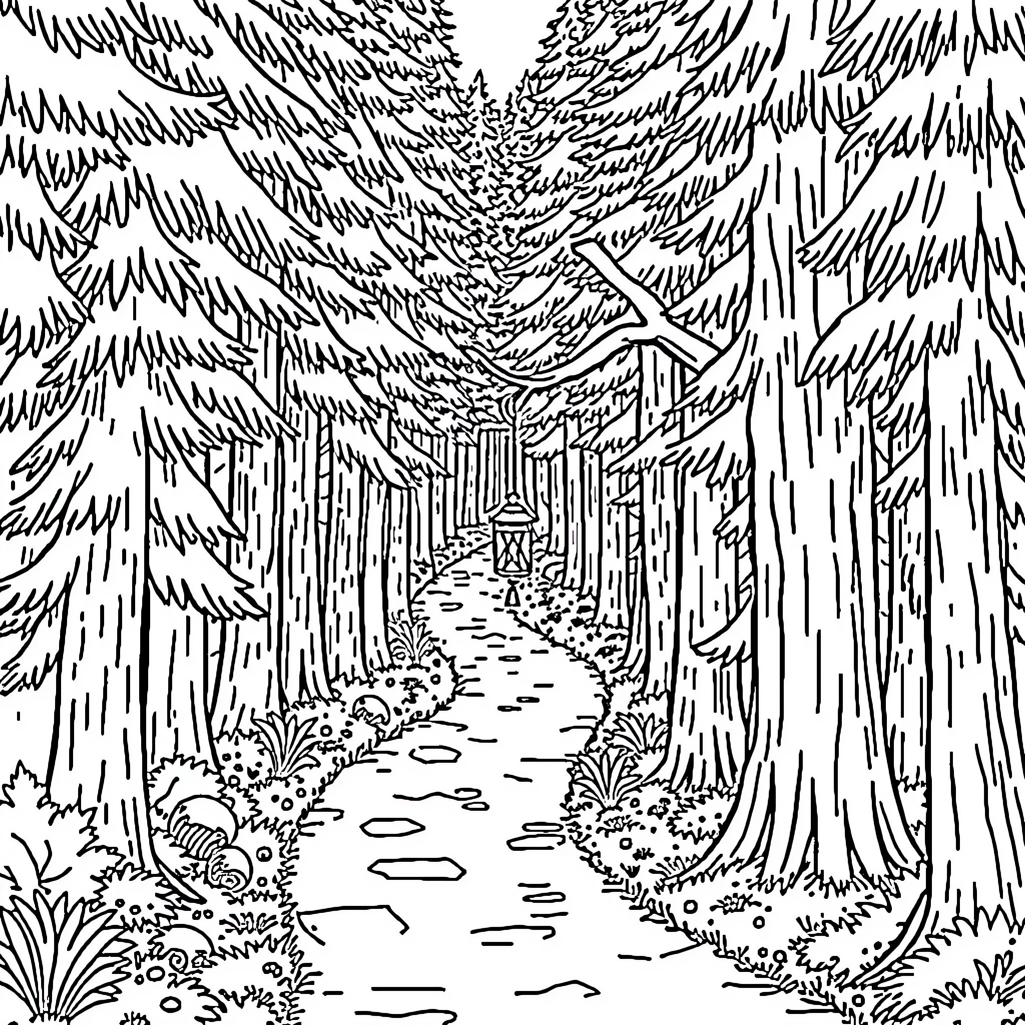 Forest path through wintry pine trees Coloring Page (free black-and-white line drawing printable PDF for all, from beginners to advanced learners, including children, teens, adults, and seniors)