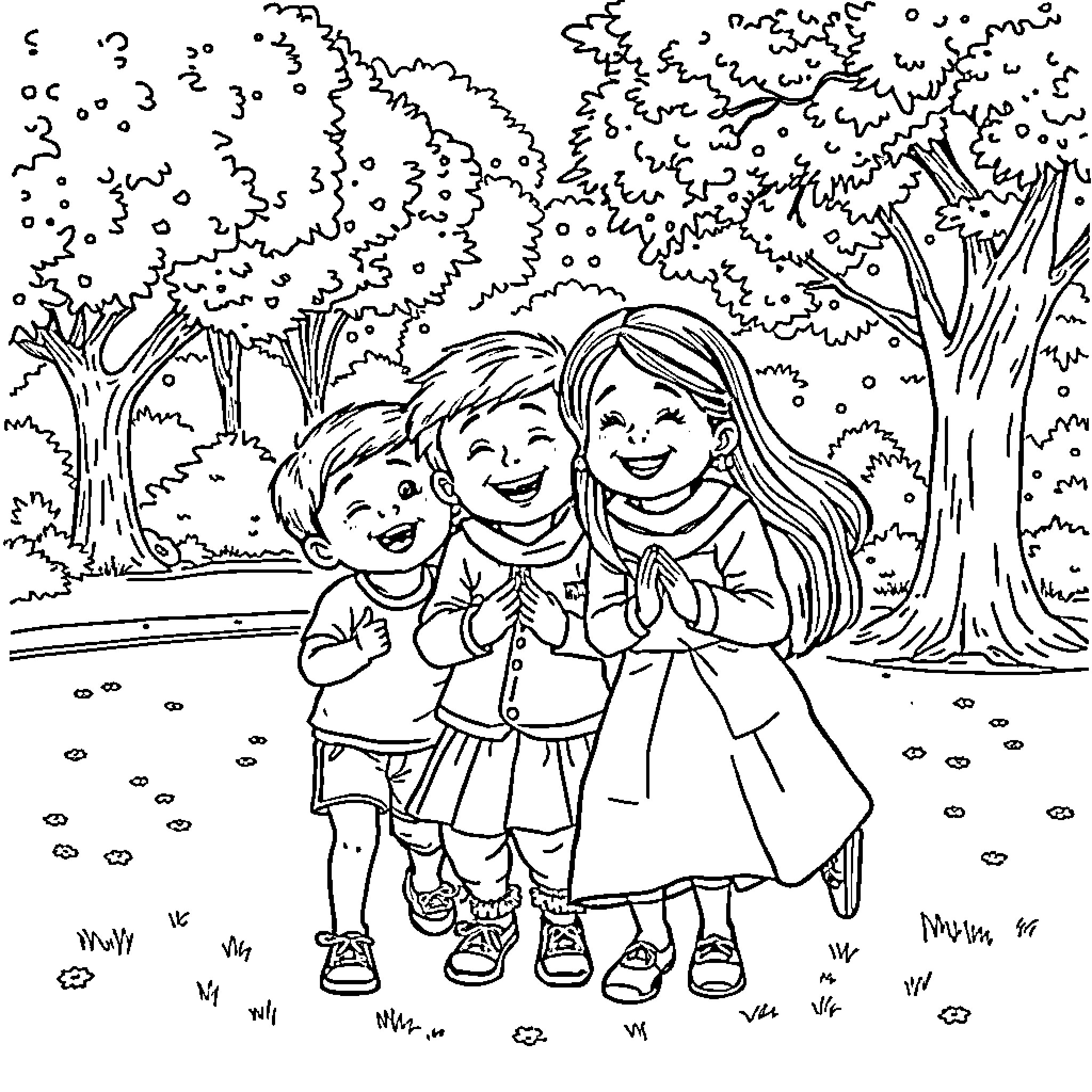 Child friends smiling and playing outdoors Coloring Page (free black-and-white line drawing printable PDF for all, from beginners to advanced learners, including children, teens, adults, and seniors)