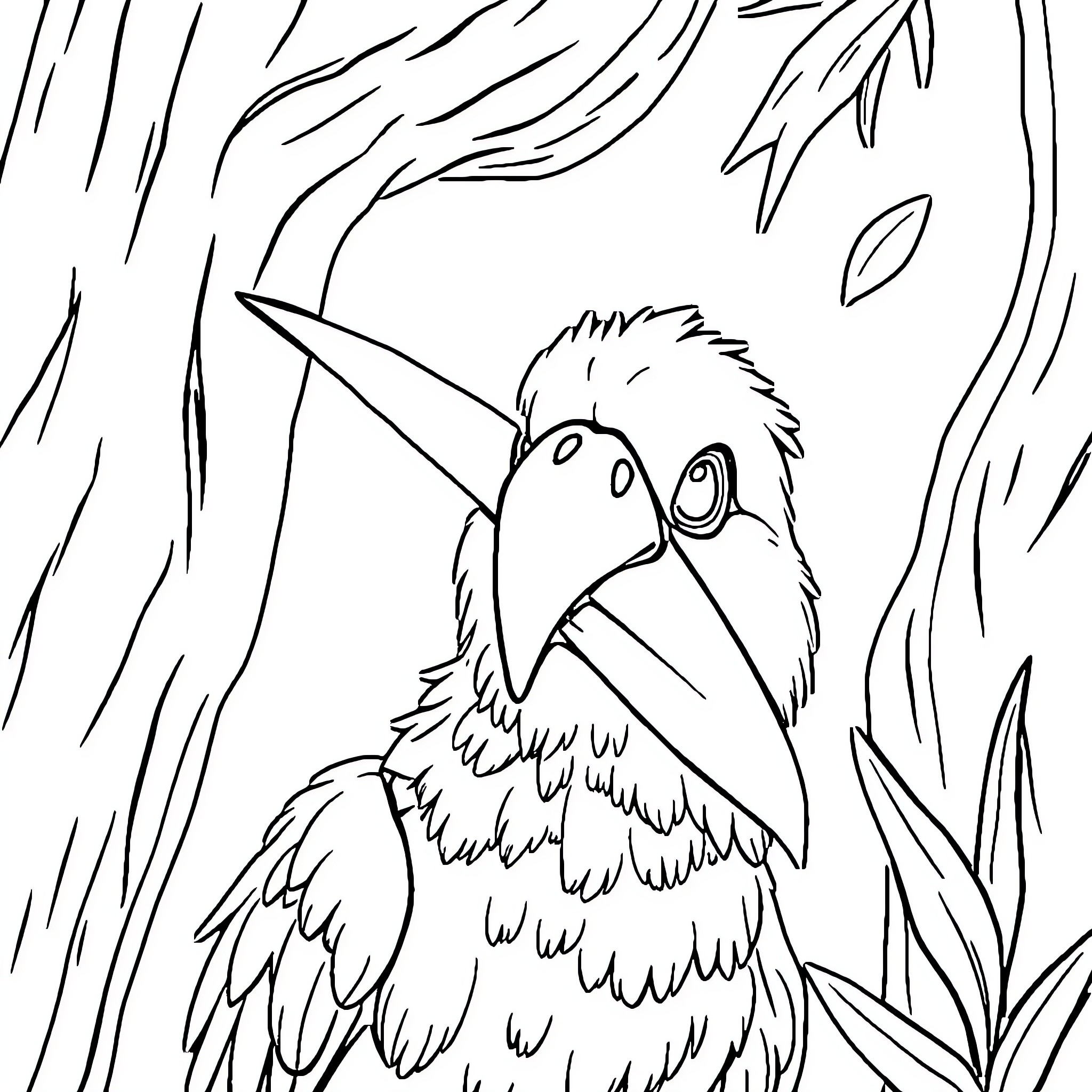 Duck looking surprised in the forest Coloring Page (free black-and-white line drawing printable PDF for all, from beginners to advanced learners, including children, teens, adults, and seniors)