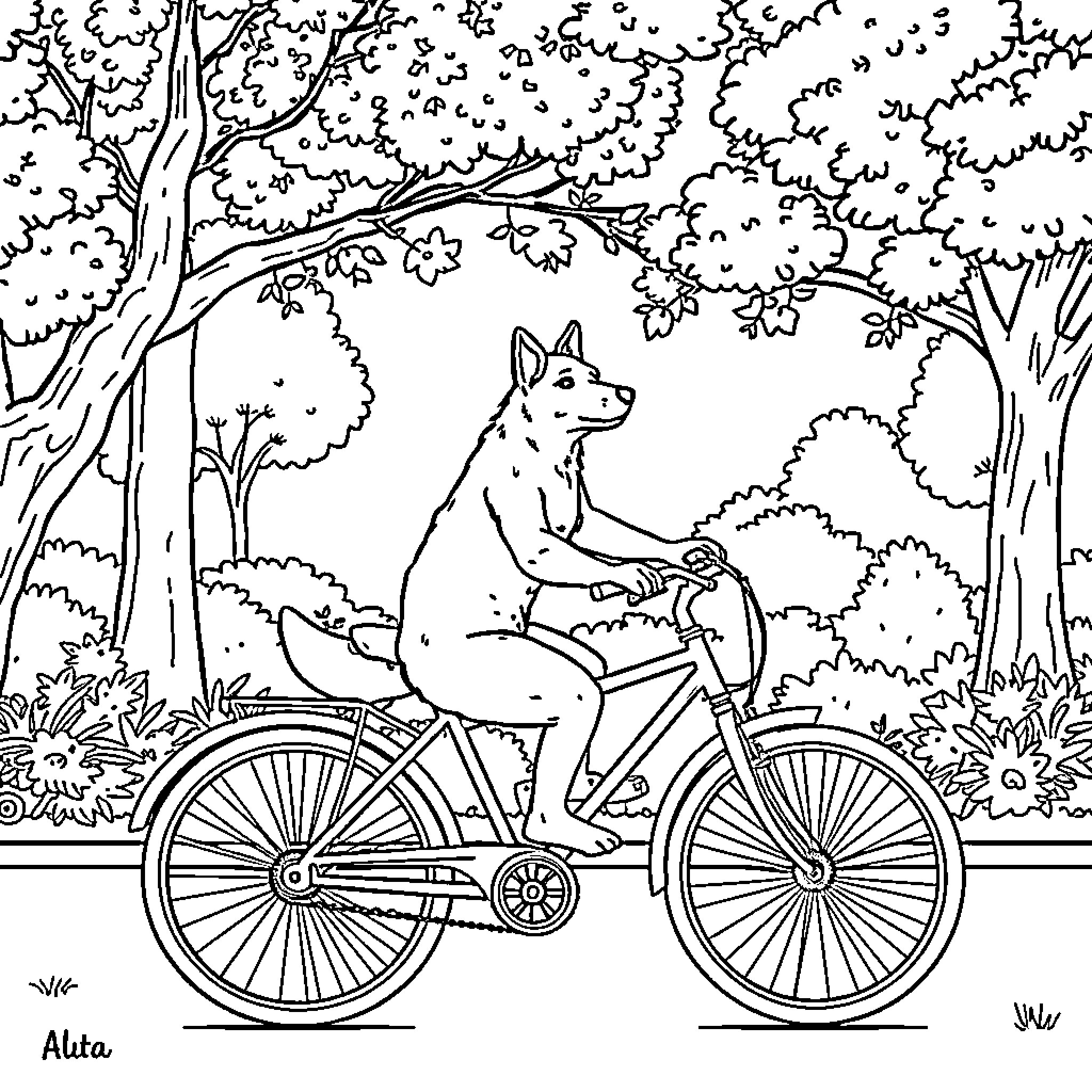 Dog riding a bicycle in a forest Coloring Page (free black-and-white line drawing printable PDF for all, from beginners to advanced learners, including children, teens, adults, and seniors)