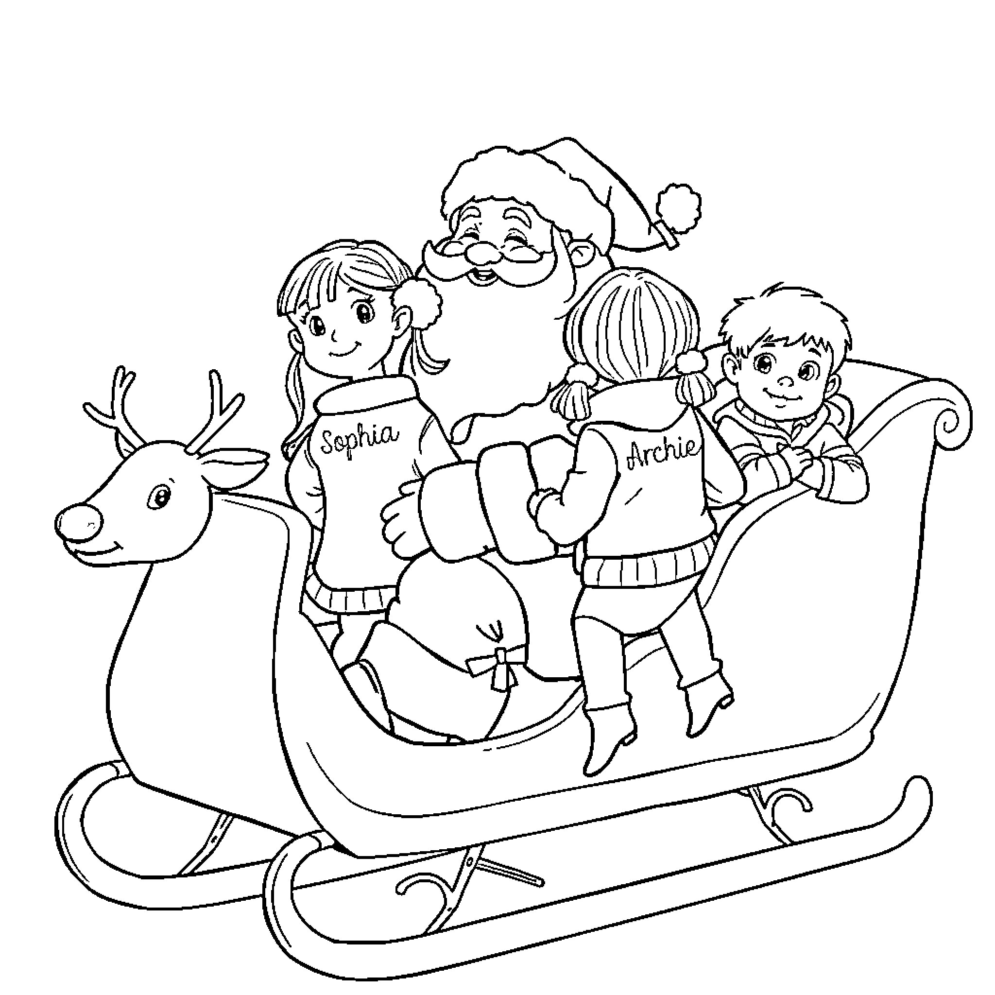 Santa bringing gifts on his sleigh Coloring Page (free black-and-white line drawing printable PDF for all, from beginners to advanced learners, including children, teens, adults, and seniors)