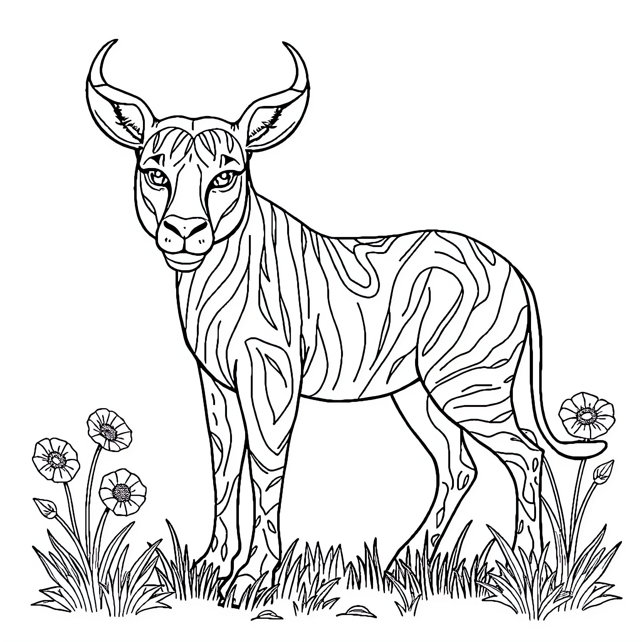 Animal standing in a grassy field with flowers Coloring Page (free black-and-white line drawing printable PDF for all, from beginners to advanced learners, including children, teens, adults, and seniors)