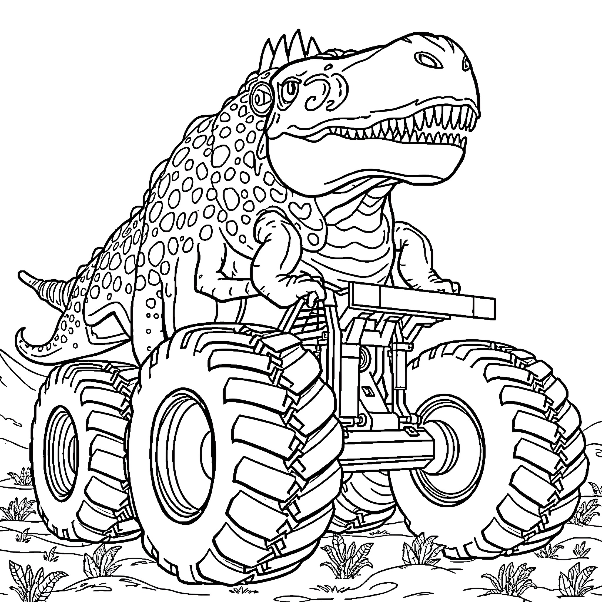 Dinosaur riding a monster truck in the wilderness Coloring Page (free black-and-white line drawing printable PDF for all, from beginners to advanced learners, including children, teens, adults, and seniors)