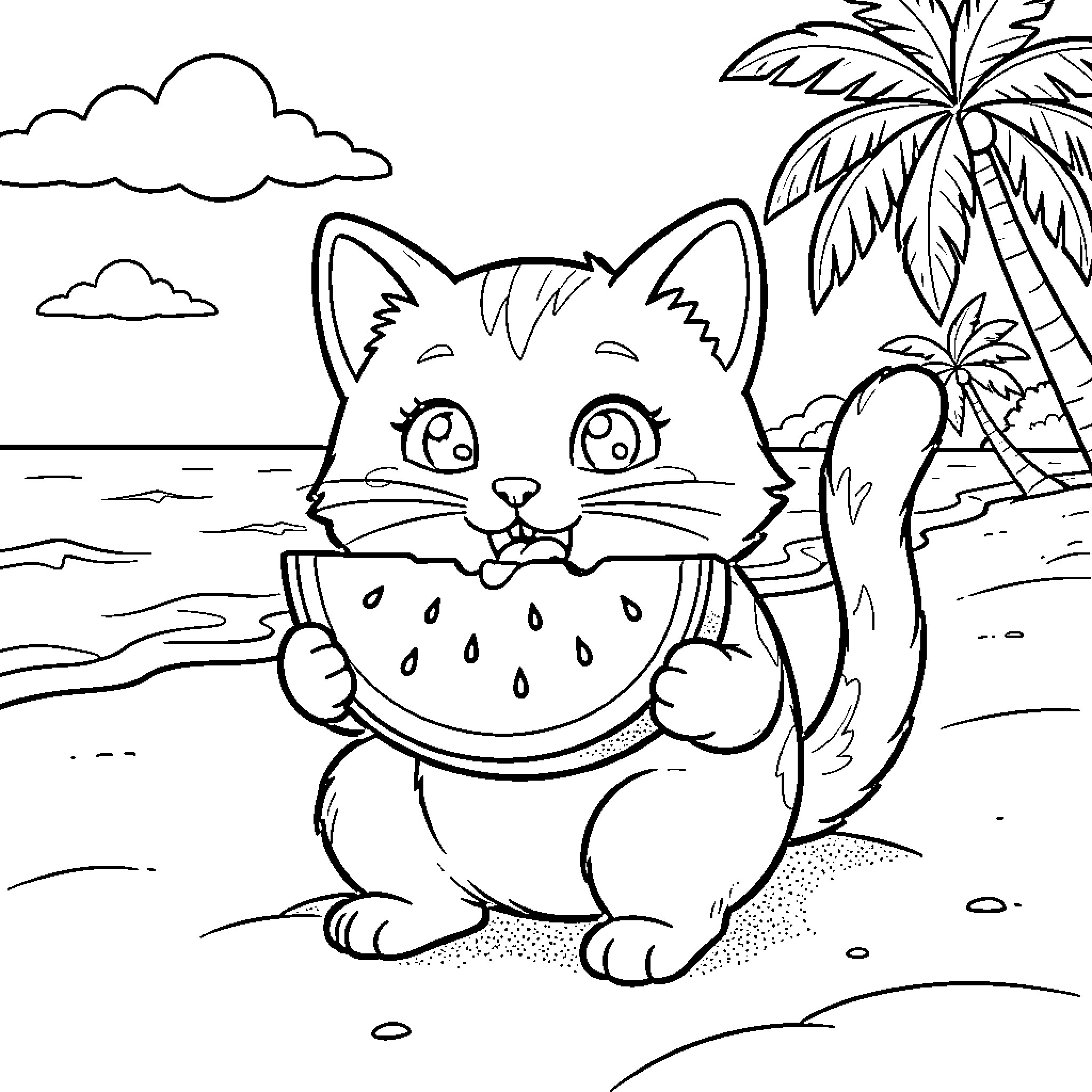 Cat enjoying watermelon on a tropical beach Coloring Page (free black-and-white line drawing printable PDF for all, from beginners to advanced learners, including children, teens, adults, and seniors)