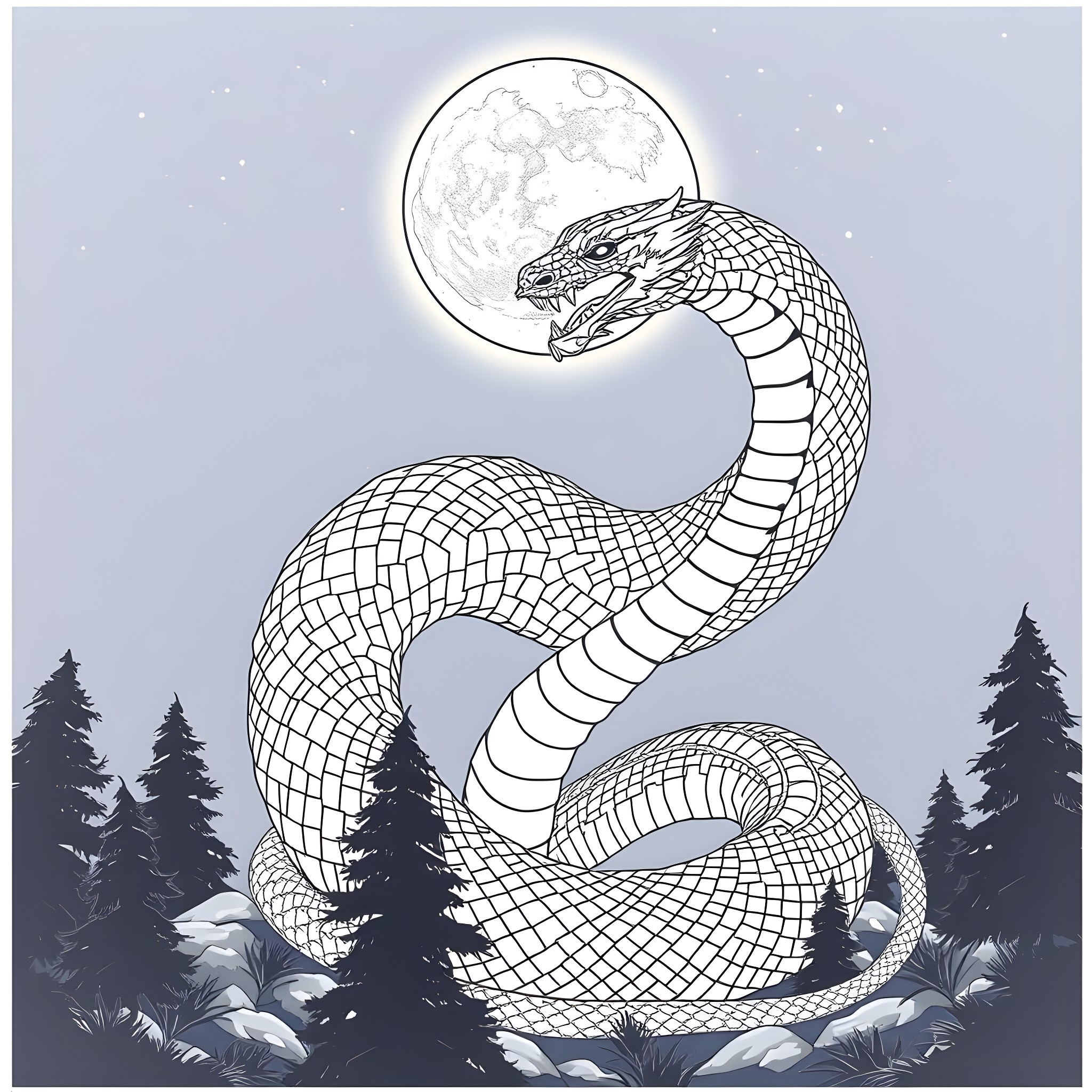 Uktena entwined in a lunar landscape Coloring Page (free black-and-white line drawing printable PDF for all, from beginners to advanced learners, including children, teens, adults, and seniors)