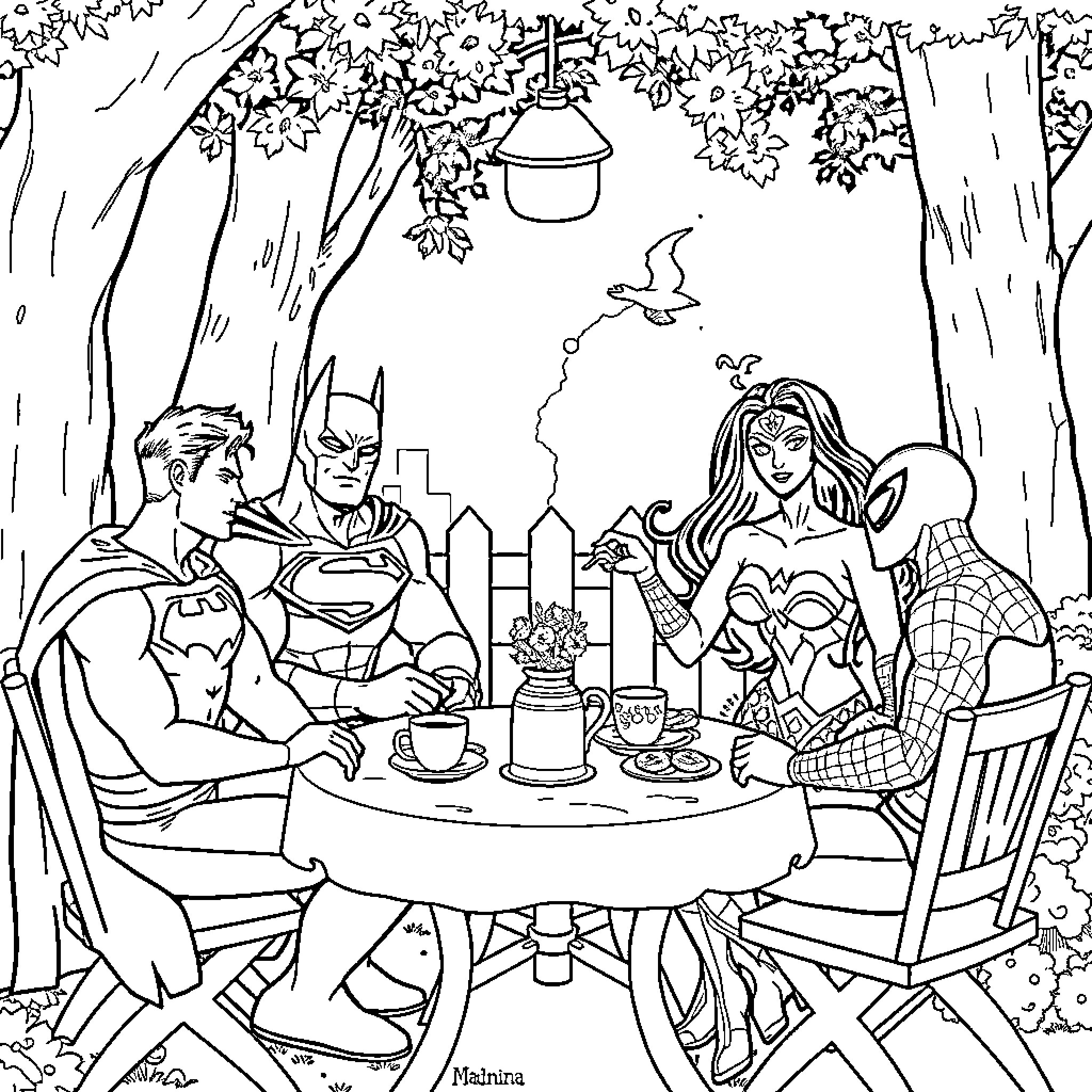 Superhero Couple's Intimate Garden Picnic Coloring Page (free black-and-white line drawing printable PDF for all, from beginners to advanced learners, including children, teens, adults, and seniors)