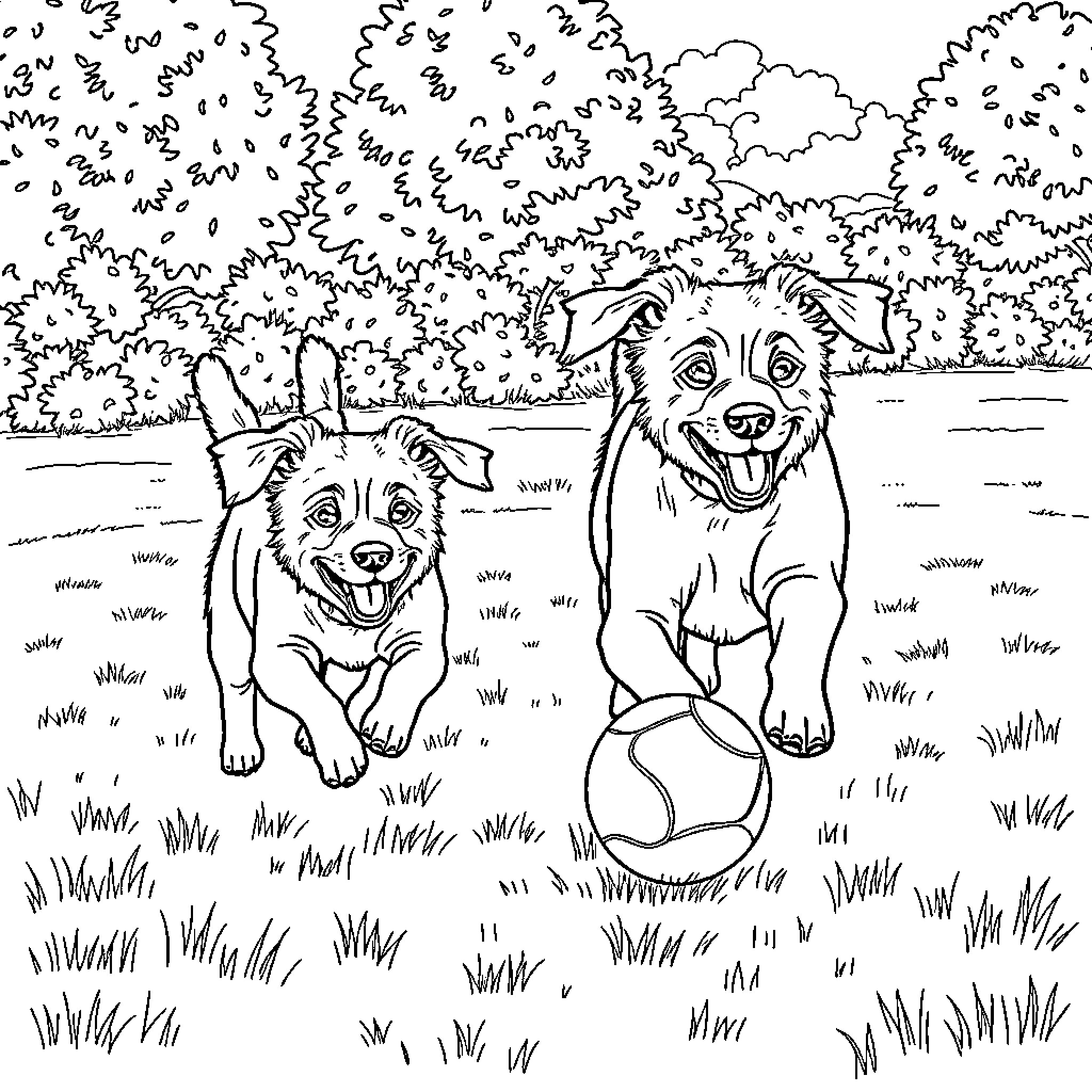 Dogs playing joyfully with ball in park Coloring Page (free black-and-white line drawing printable PDF for all, from beginners to advanced learners, including children, teens, adults, and seniors)