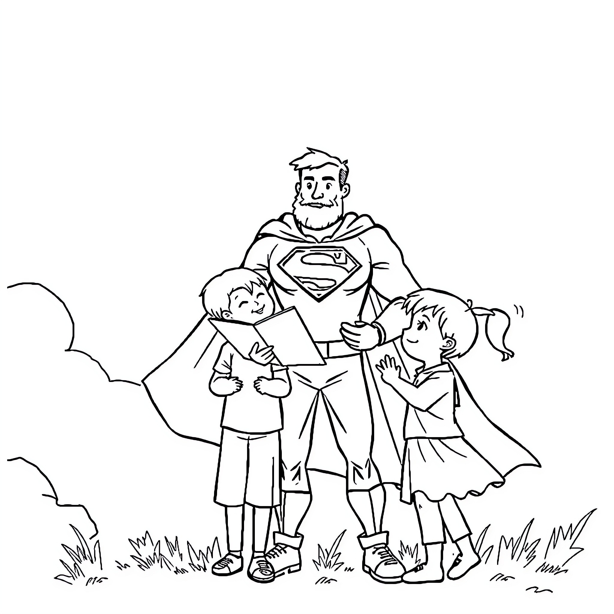 Superhero saves children in a peaceful outdoor scene Coloring Page (free black-and-white line drawing printable PDF for all, from beginners to advanced learners, including children, teens, adults, and seniors)