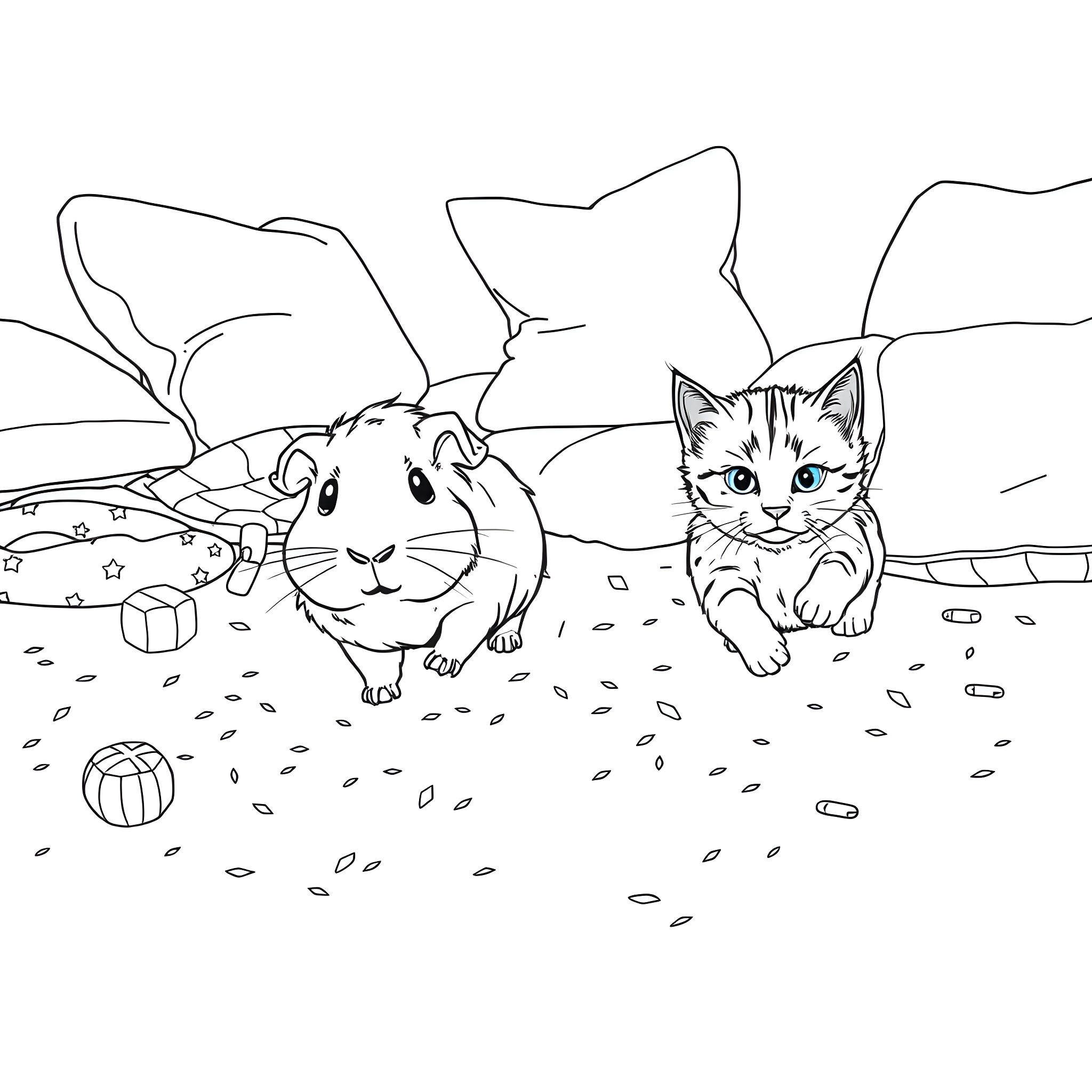 Guinea Pig and Kitten Playing in Meadow Coloring Page (free black-and-white line drawing printable PDF for all, from beginners to advanced learners, including children, teens, adults, and seniors)