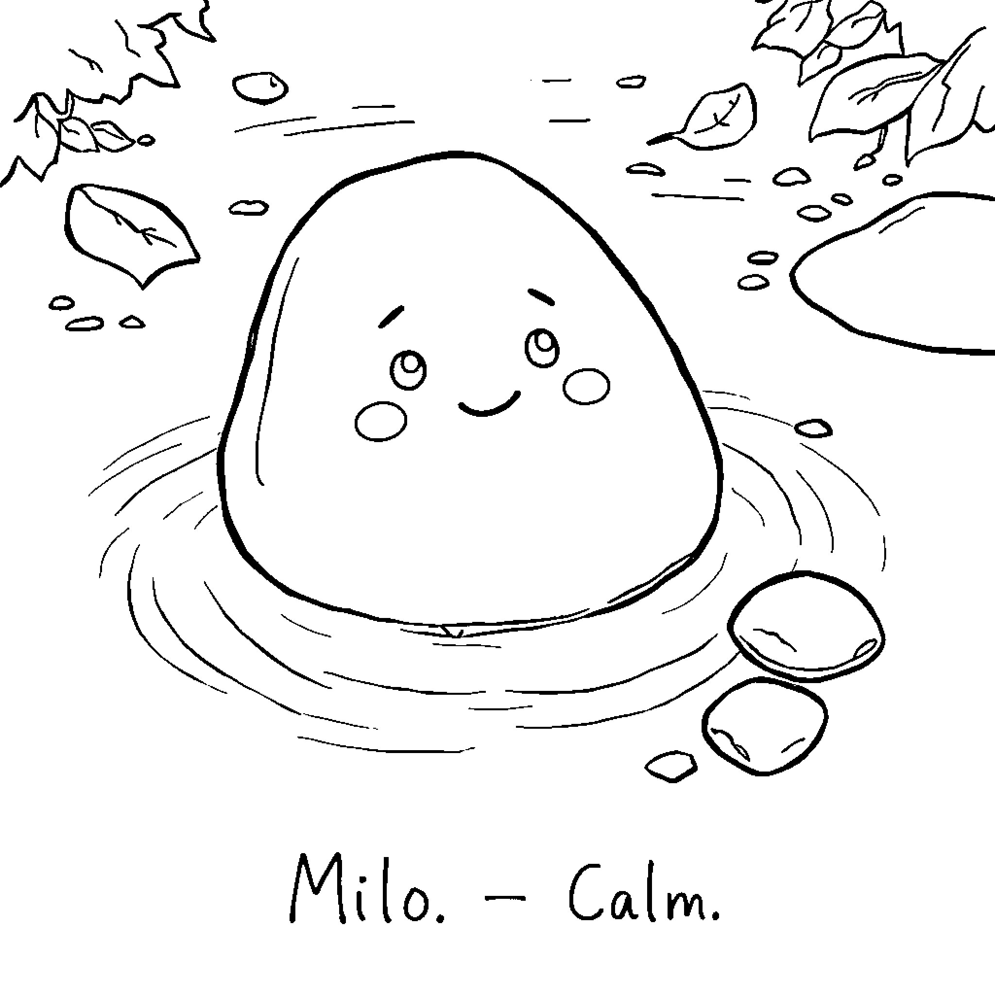 Pebble enjoying a tranquil moment in nature Coloring Page (free black-and-white line drawing printable PDF for all, from beginners to advanced learners, including children, teens, adults, and seniors)