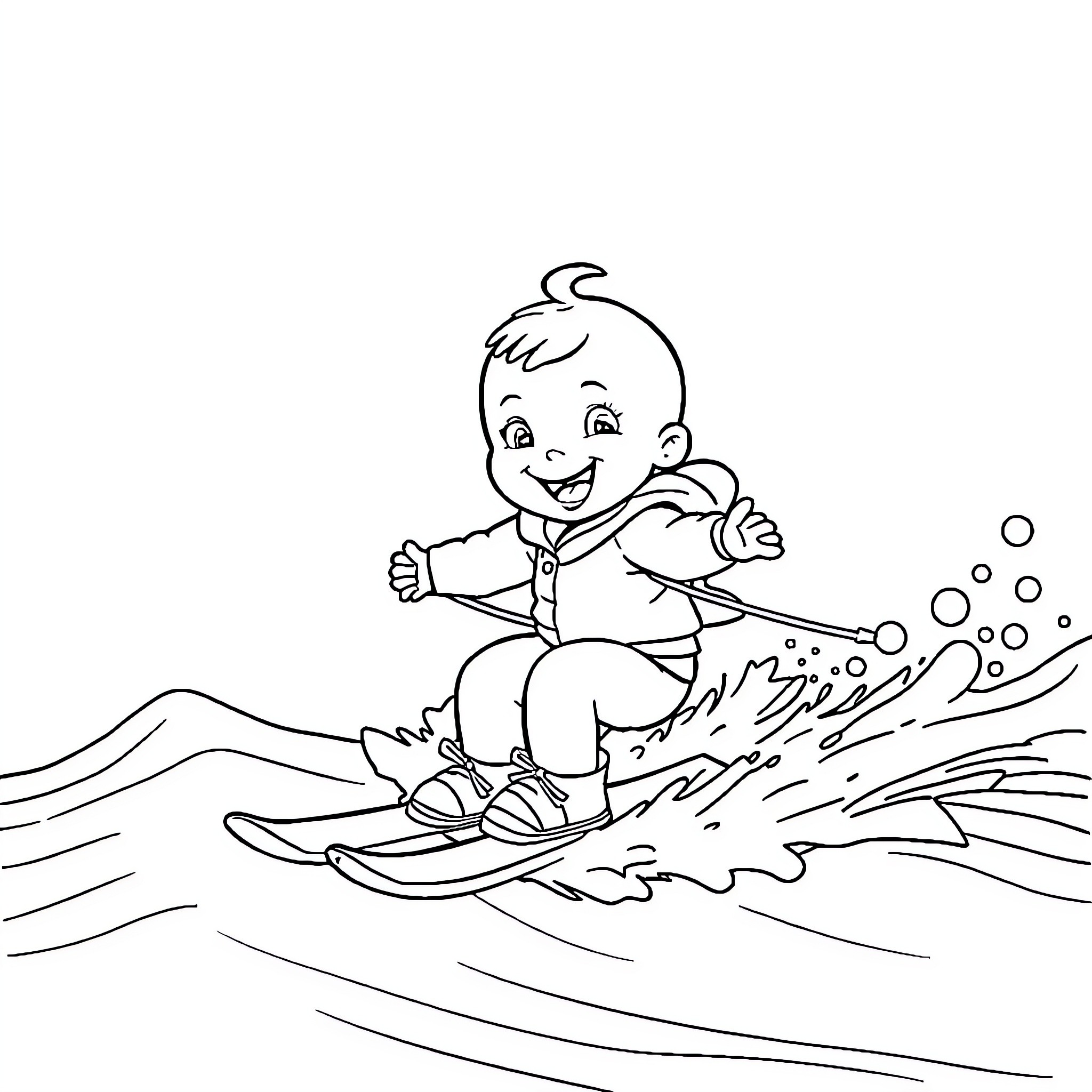 Bebe skiing happily on the waves Coloring Page (free black-and-white line drawing printable PDF for all, from beginners to advanced learners, including children, teens, adults, and seniors)