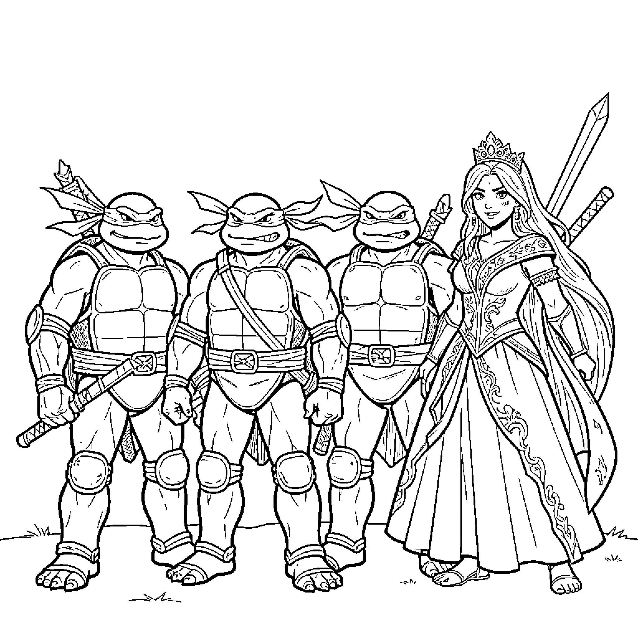 Ninja warriors and princess engage in battle Coloring Page (free black-and-white line drawing printable PDF for all, from beginners to advanced learners, including children, teens, adults, and seniors)