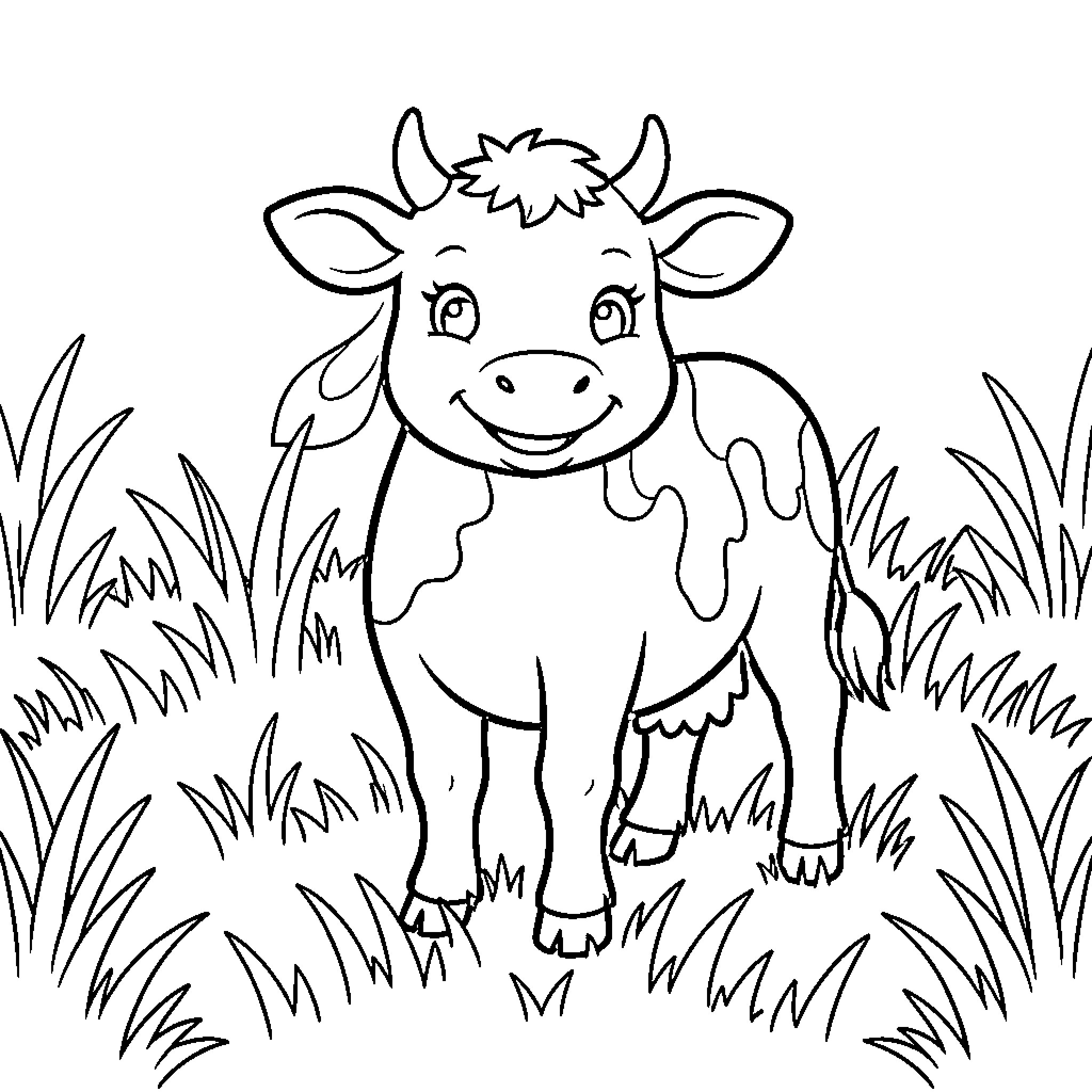Cow standing smiling in a grassy field Coloring Page (free black-and-white line drawing printable PDF for all, from beginners to advanced learners, including children, teens, adults, and seniors)