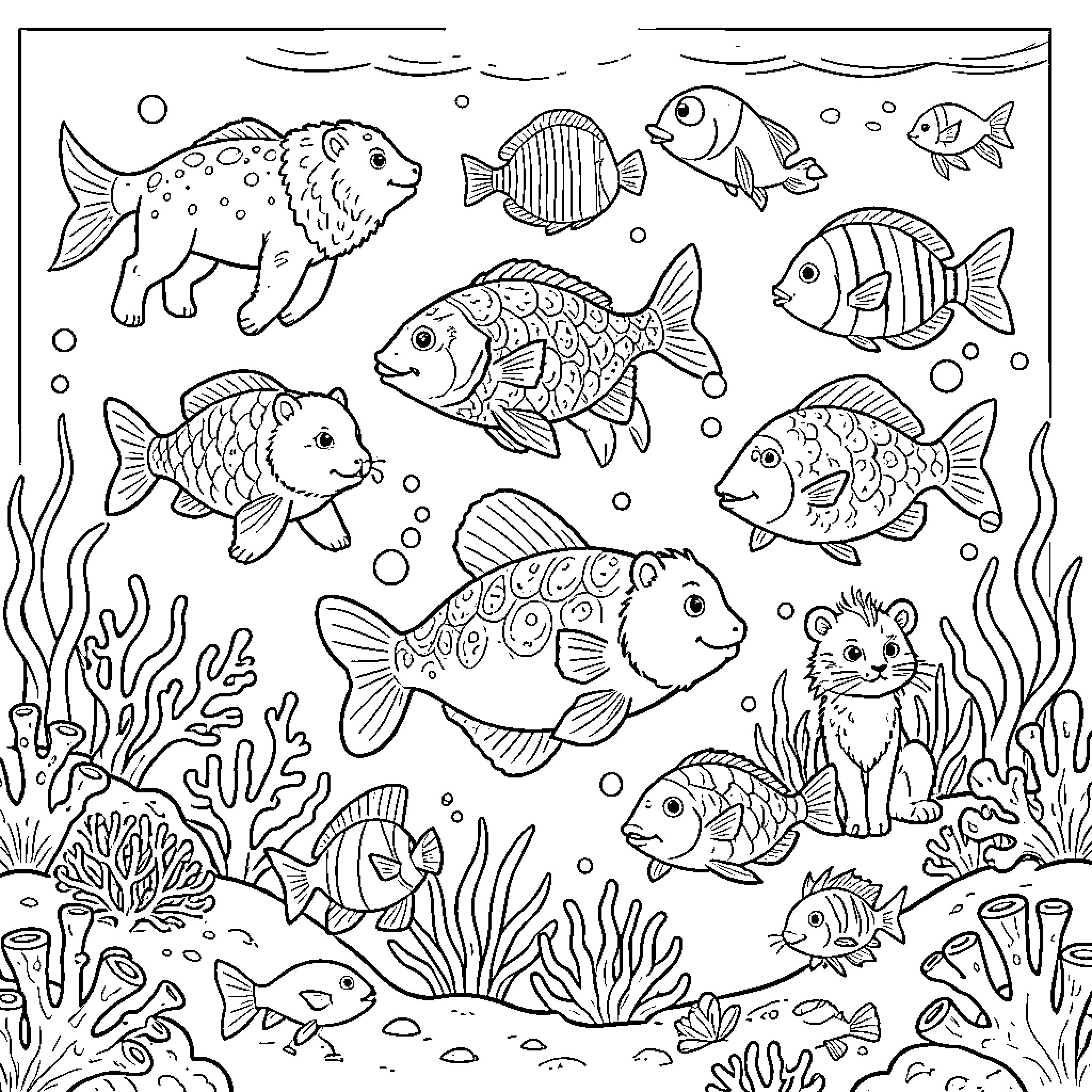 Animal sea life swimming in underwater scene Coloring Page (free black-and-white line drawing printable PDF for all, from beginners to advanced learners, including children, teens, adults, and seniors)