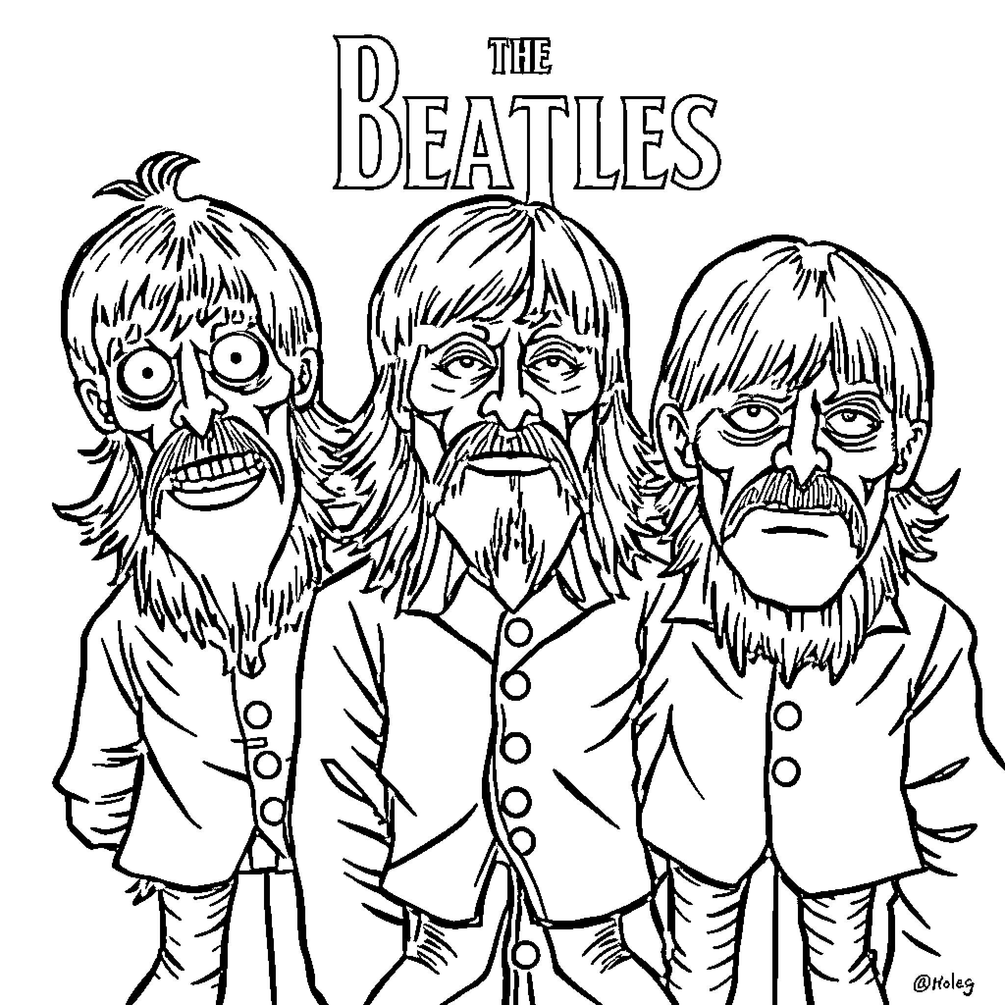 Beatles caricatures in distinctive outfits Coloring Page (free black-and-white line drawing printable PDF for all, from beginners to advanced learners, including children, teens, adults, and seniors)
