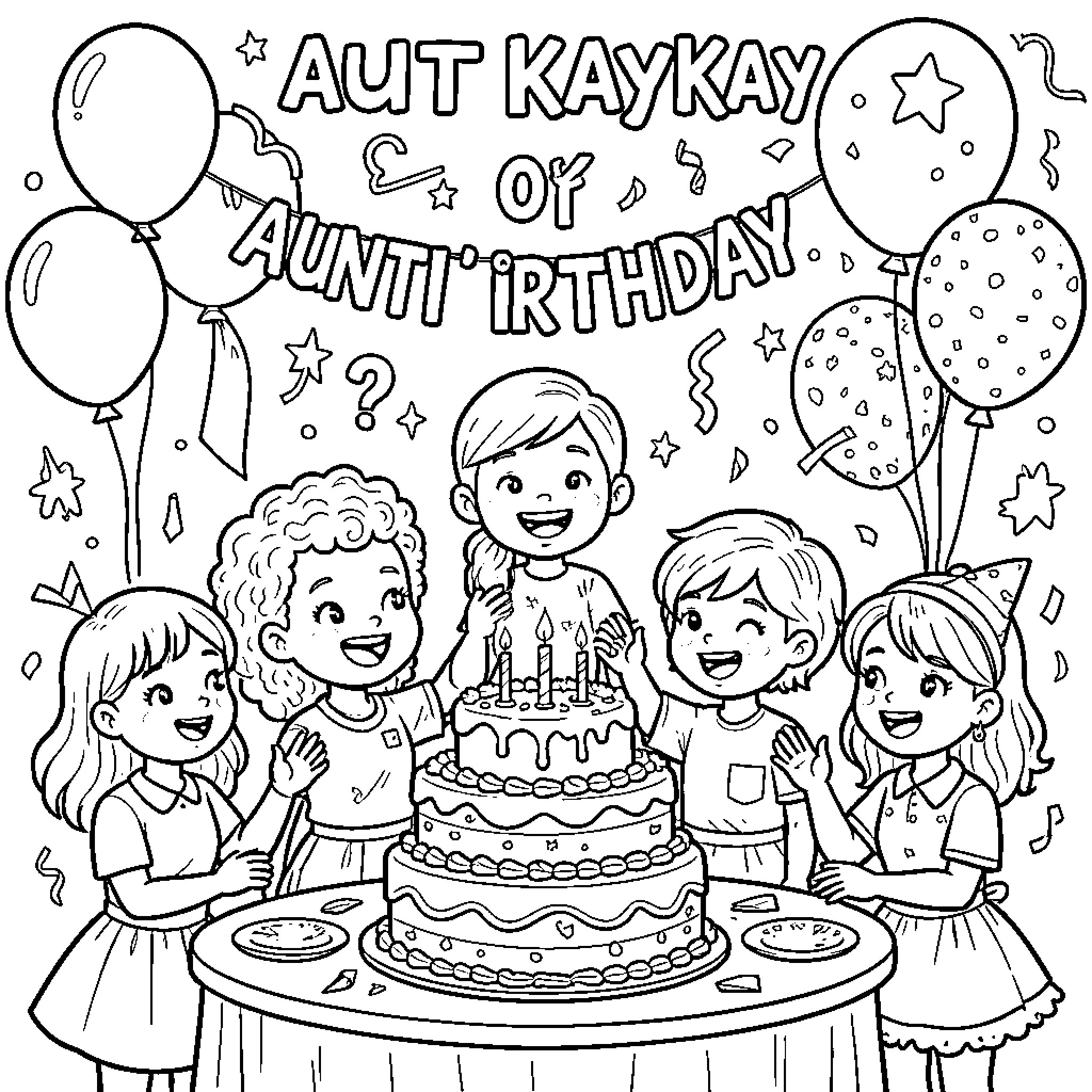 Birthday children celebrating with a large cake and balloons Coloring Page (free black-and-white line drawing printable PDF for all, from beginners to advanced learners, including children, teens, adults, and seniors)
