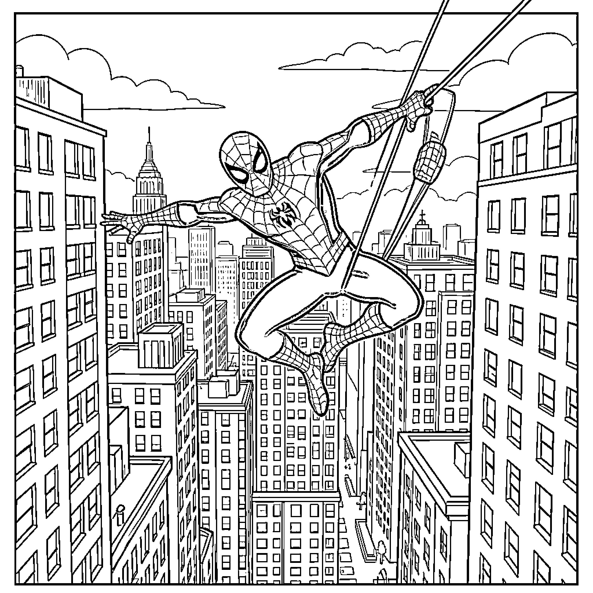 Spider-Man swinging through the city skyline Coloring Page (free black-and-white line drawing printable PDF for all, from beginners to advanced learners, including children, teens, adults, and seniors)