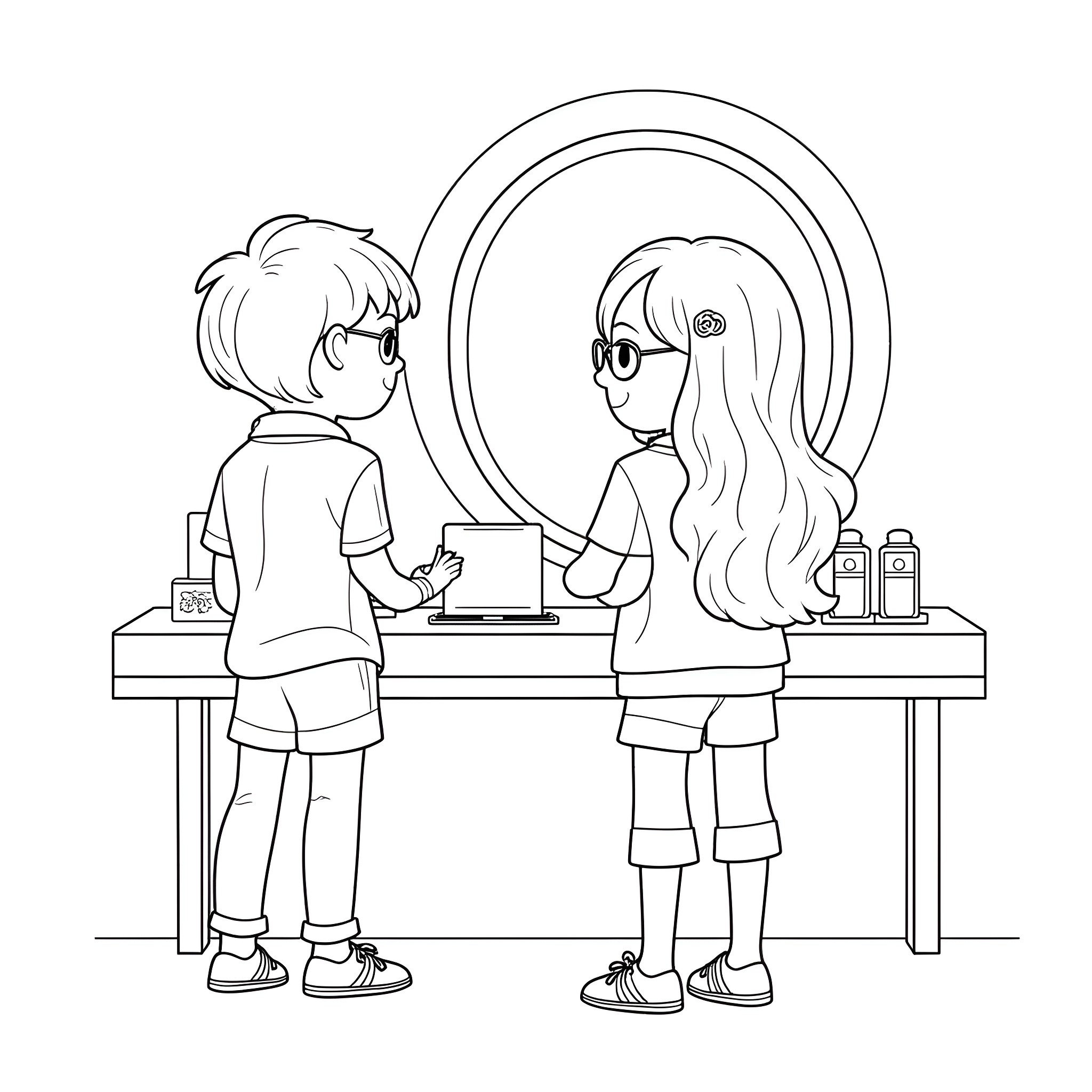 Child helping friend with computer Coloring Page (free black-and-white line drawing printable PDF for all, from beginners to advanced learners, including children, teens, adults, and seniors)