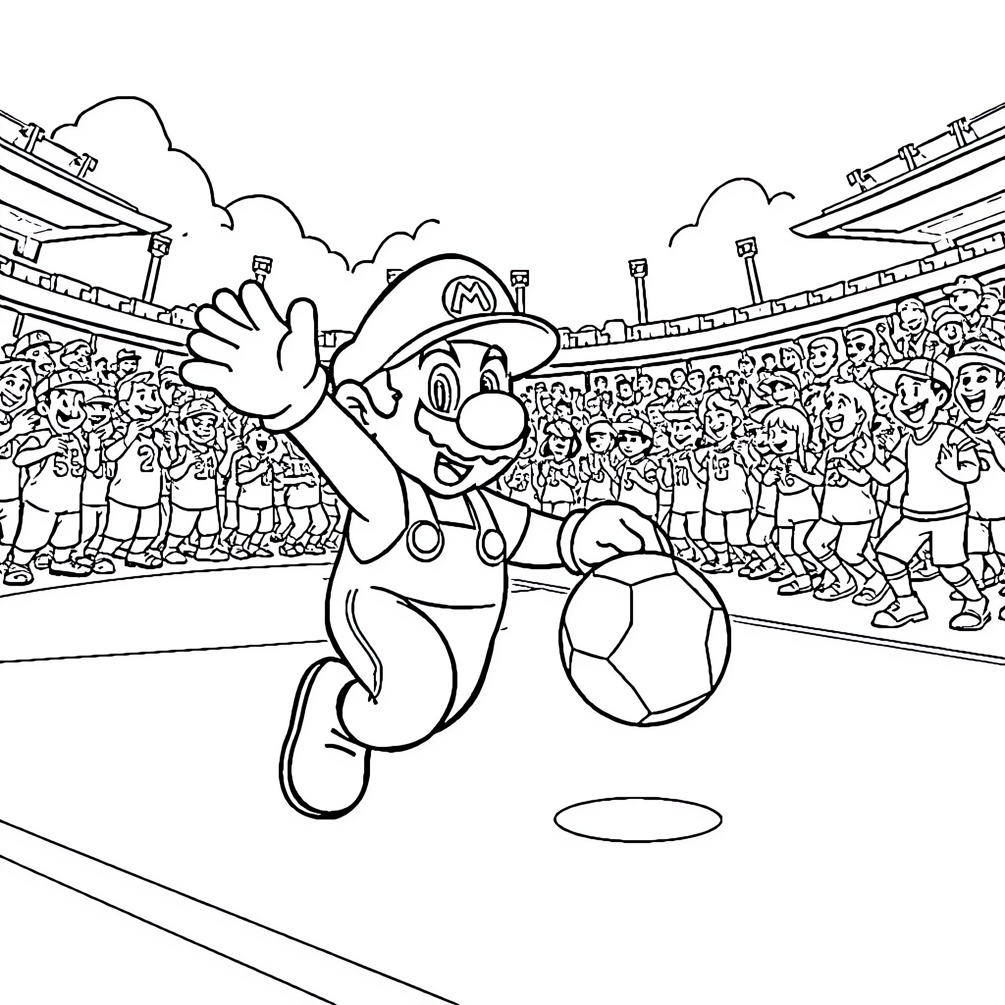 Super Mario Celebrates Victory in Crowded Stadium Coloring Page (free black-and-white line drawing printable PDF for all, from beginners to advanced learners, including children, teens, adults, and seniors)