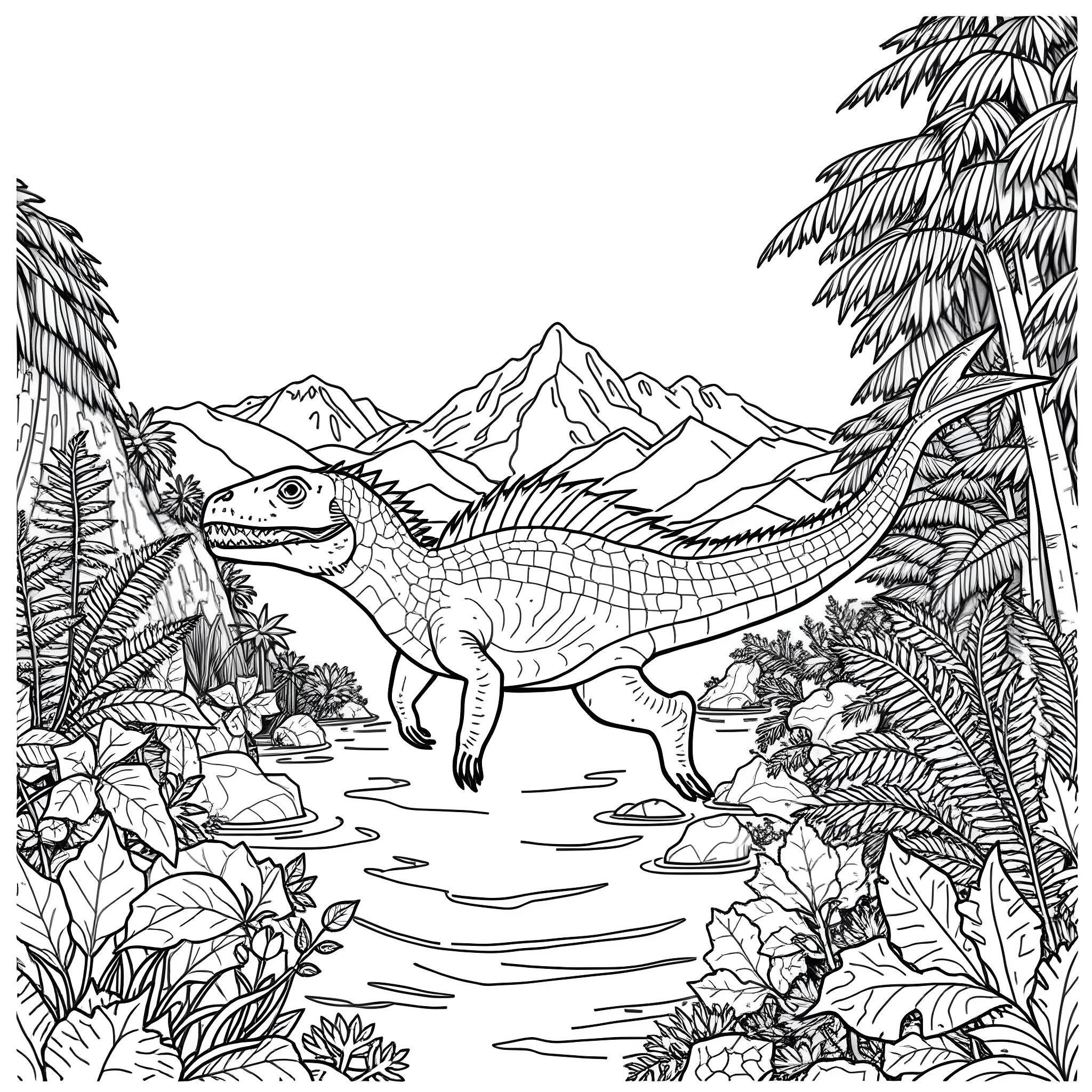Wateranimal Dinosaur roaming in tropical landscape Coloring Page (free black-and-white line drawing printable PDF for all, from beginners to advanced learners, including children, teens, adults, and seniors)