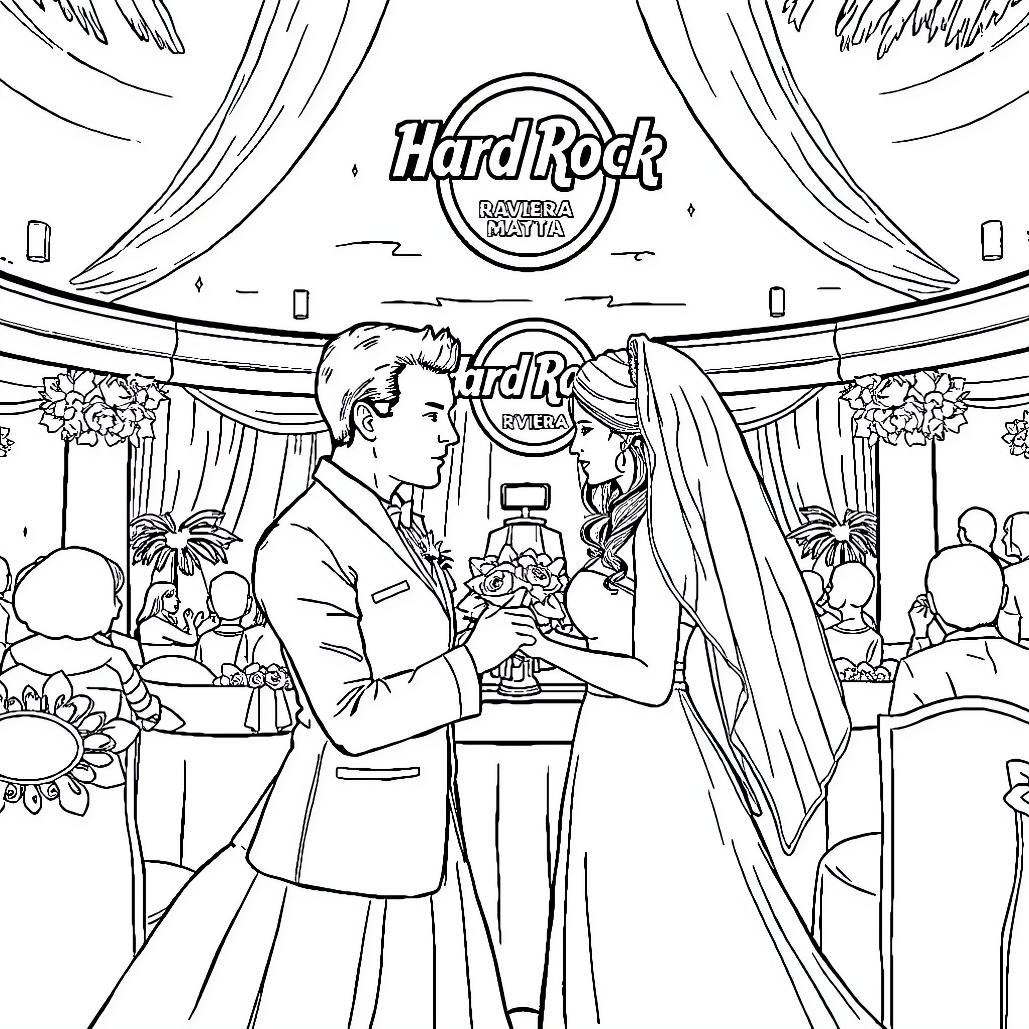 Hombre y Mujer celebrate their wedding at the Hard Rock Cafe Coloring Page (free black-and-white line drawing printable PDF for all, from beginners to advanced learners, including children, teens, adults, and seniors)