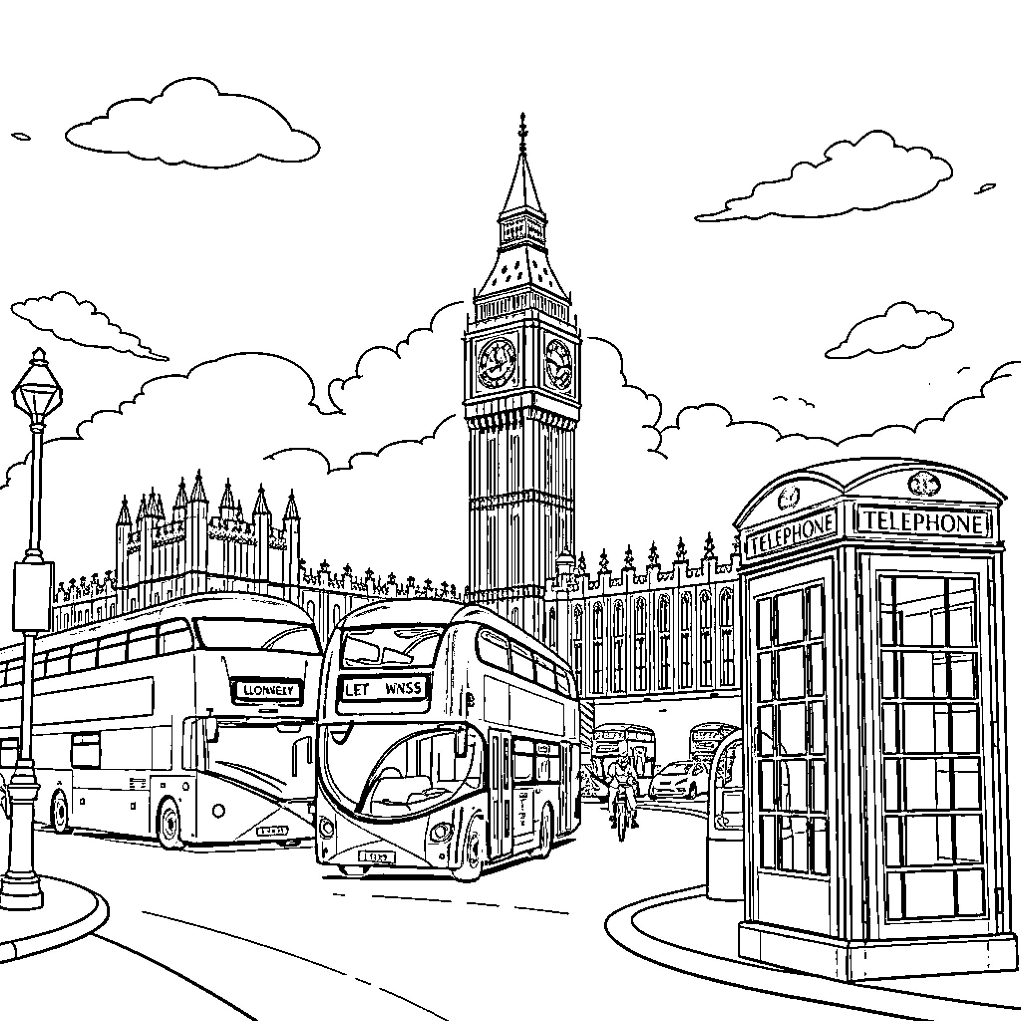 London bustling with iconic landmarks and transportation Coloring Page (free black-and-white line drawing printable PDF for all, from beginners to advanced learners, including children, teens, adults, and seniors)