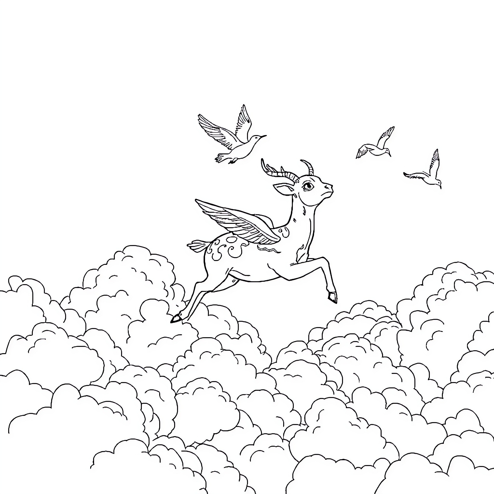 Kite-like creature soaring through clouds with birds Coloring Page (free black-and-white line drawing printable PDF for all, from beginners to advanced learners, including children, teens, adults, and seniors)