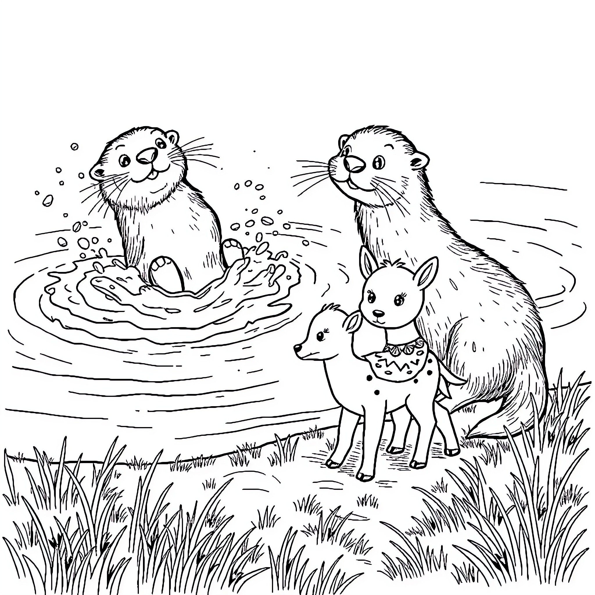Otters frolicking in the water with their young Coloring Page (free black-and-white line drawing printable PDF for all, from beginners to advanced learners, including children, teens, adults, and seniors)