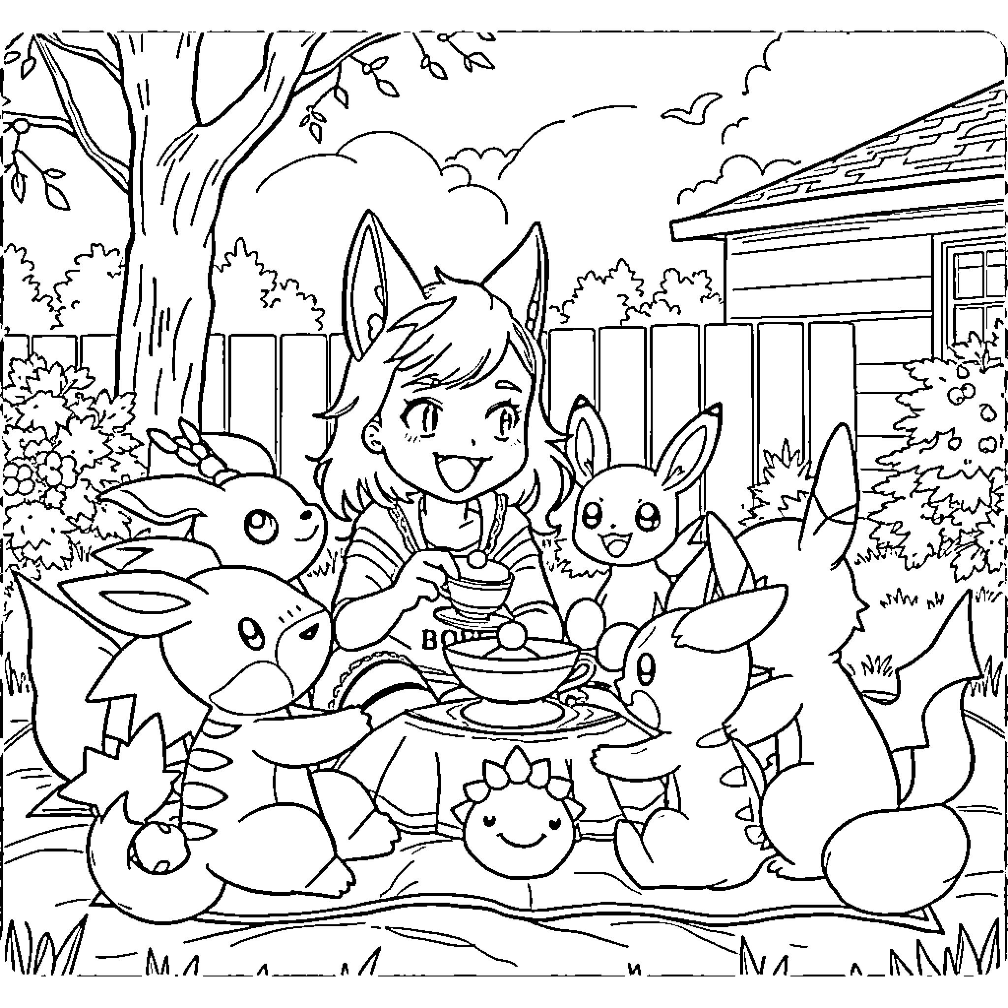 Wolf playing joyfully with rabbits in the garden Coloring Page (free black-and-white line drawing printable PDF for all, from beginners to advanced learners, including children, teens, adults, and seniors)