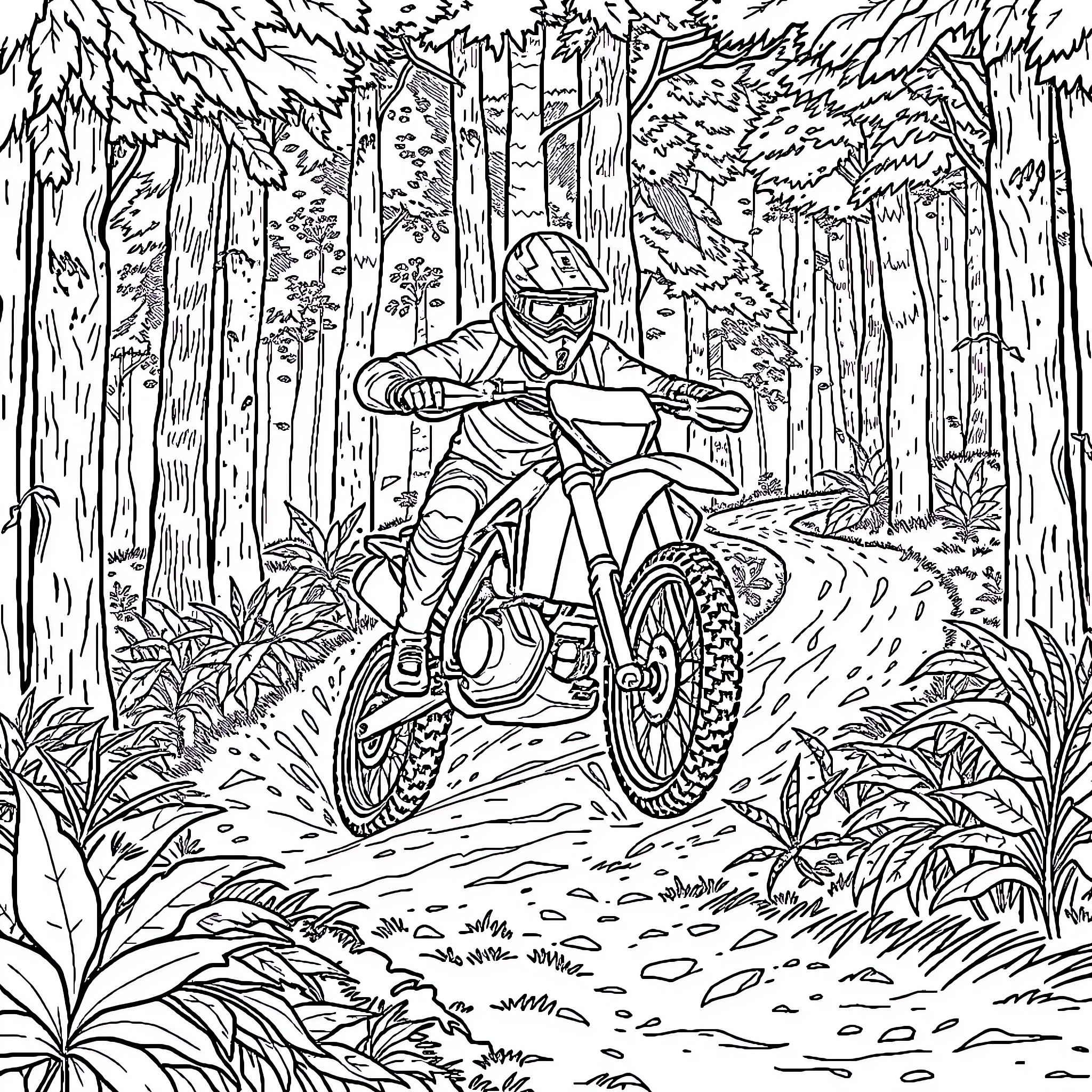 Dirt Bike Rider Navigating Through Forest Trail Coloring Page (free black-and-white line drawing printable PDF for all, from beginners to advanced learners, including children, teens, adults, and seniors)