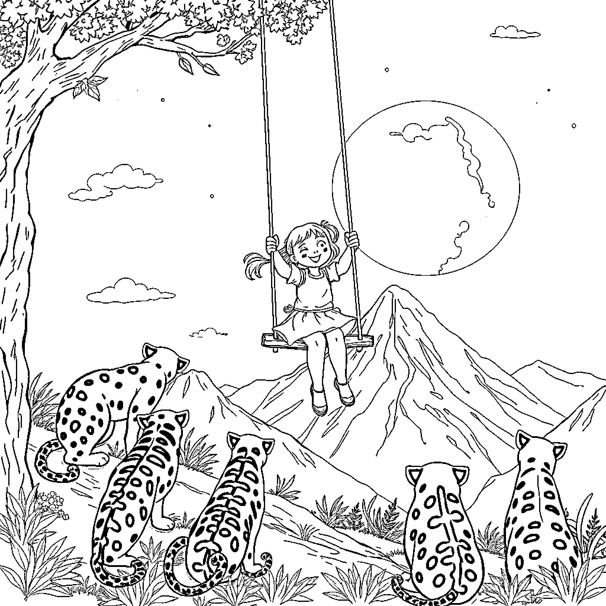 Girl enjoying swing amidst jungle animals Coloring Page (free black-and-white line drawing printable PDF for all, from beginners to advanced learners, including children, teens, adults, and seniors)