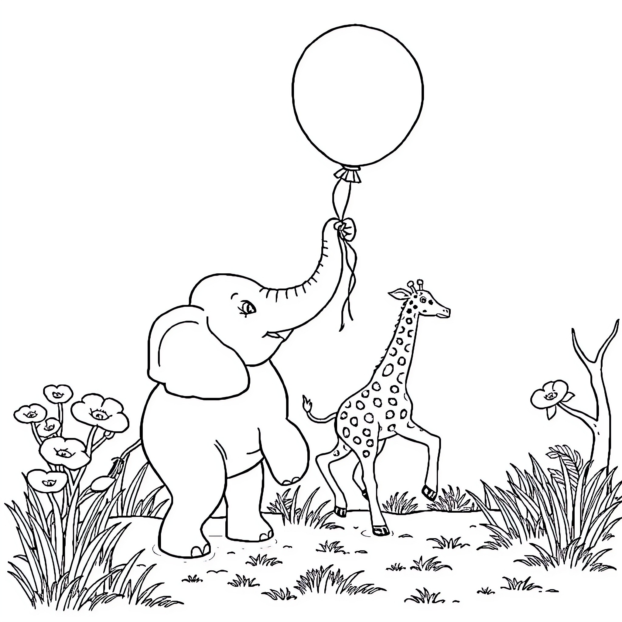 Elephant and friends enjoying the outdoors Coloring Page (free black-and-white line drawing printable PDF for all, from beginners to advanced learners, including children, teens, adults, and seniors)