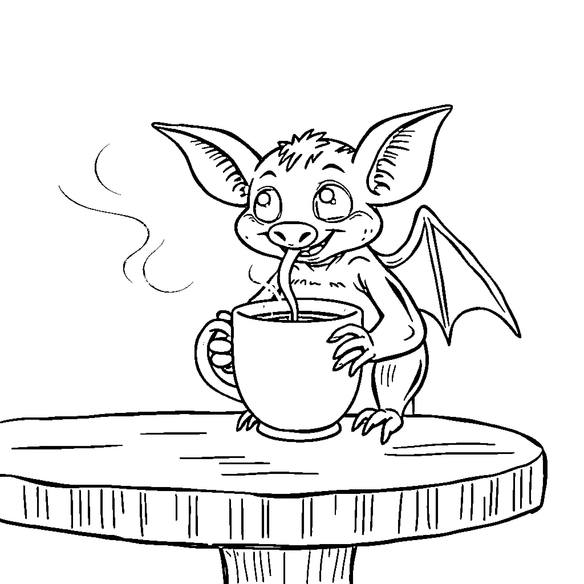 Bat enjoying hot beverage on wooden table Coloring Page (free black-and-white line drawing printable PDF for all, from beginners to advanced learners, including children, teens, adults, and seniors)