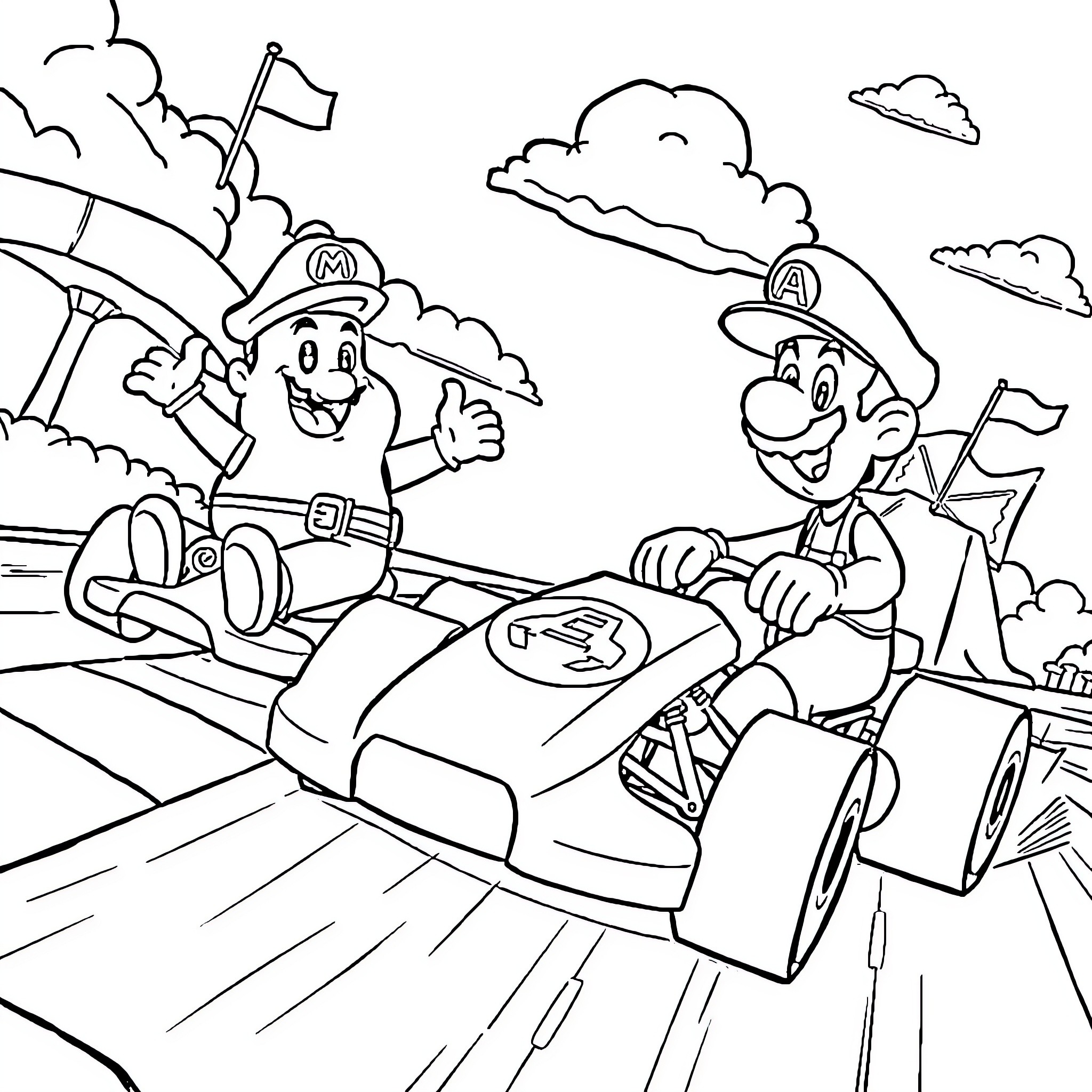 Captain Underpants and the Wacky Race with Silly Characters Coloring Page (free black-and-white line drawing printable PDF for all, from beginners to advanced learners, including children, teens, adults, and seniors)