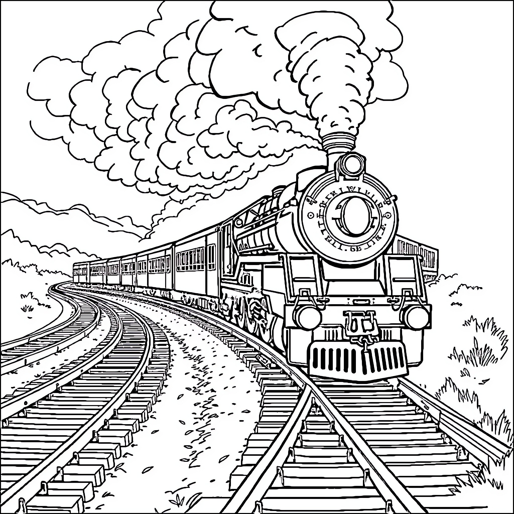 Train Traveling Rapidly Through Countryside Landscape Coloring Page (free black-and-white line drawing printable PDF for all, from beginners to advanced learners, including children, teens, adults, and seniors)