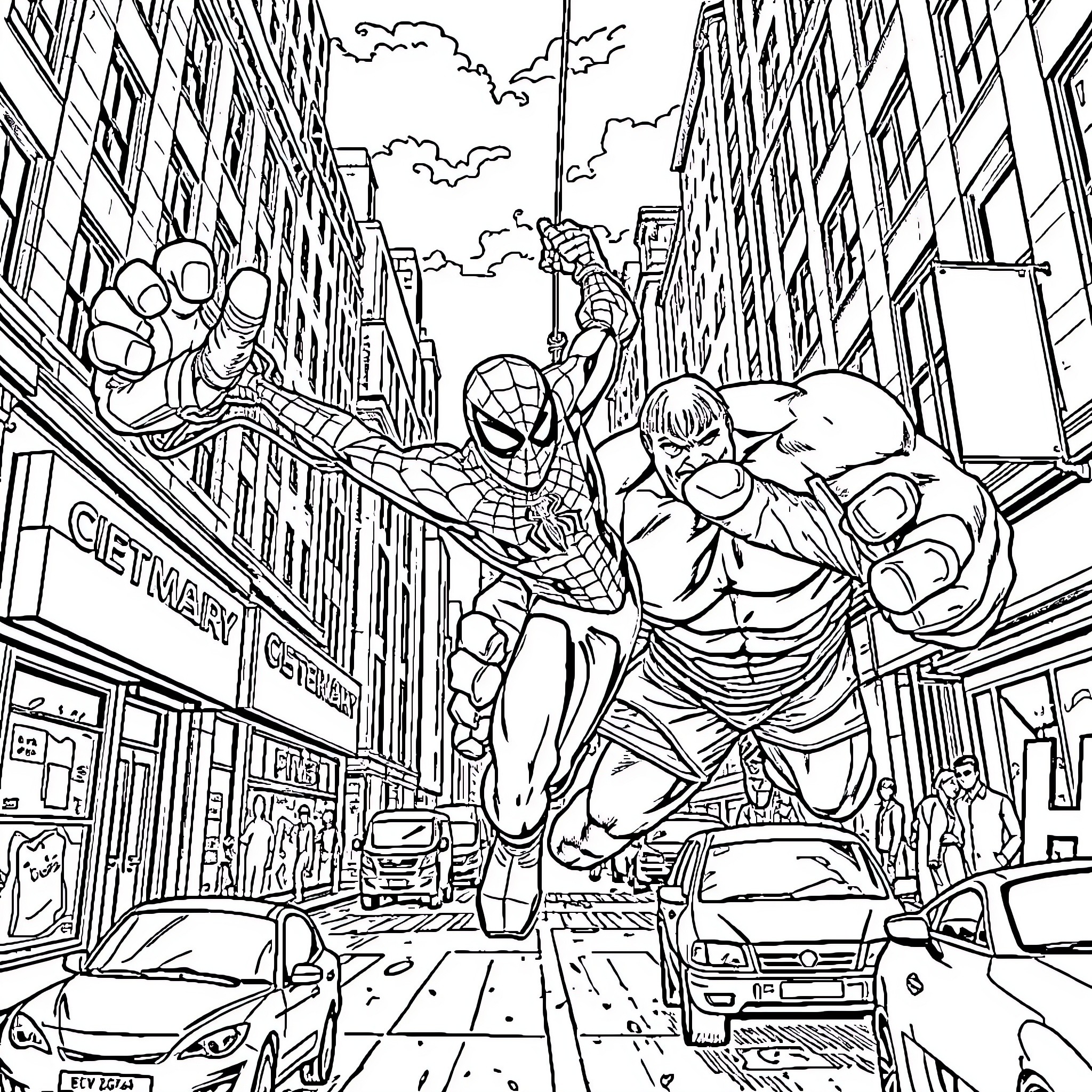 Spider-Man swinging into action on the city streets Coloring Page (free black-and-white line drawing printable PDF for all, from beginners to advanced learners, including children, teens, adults, and seniors)