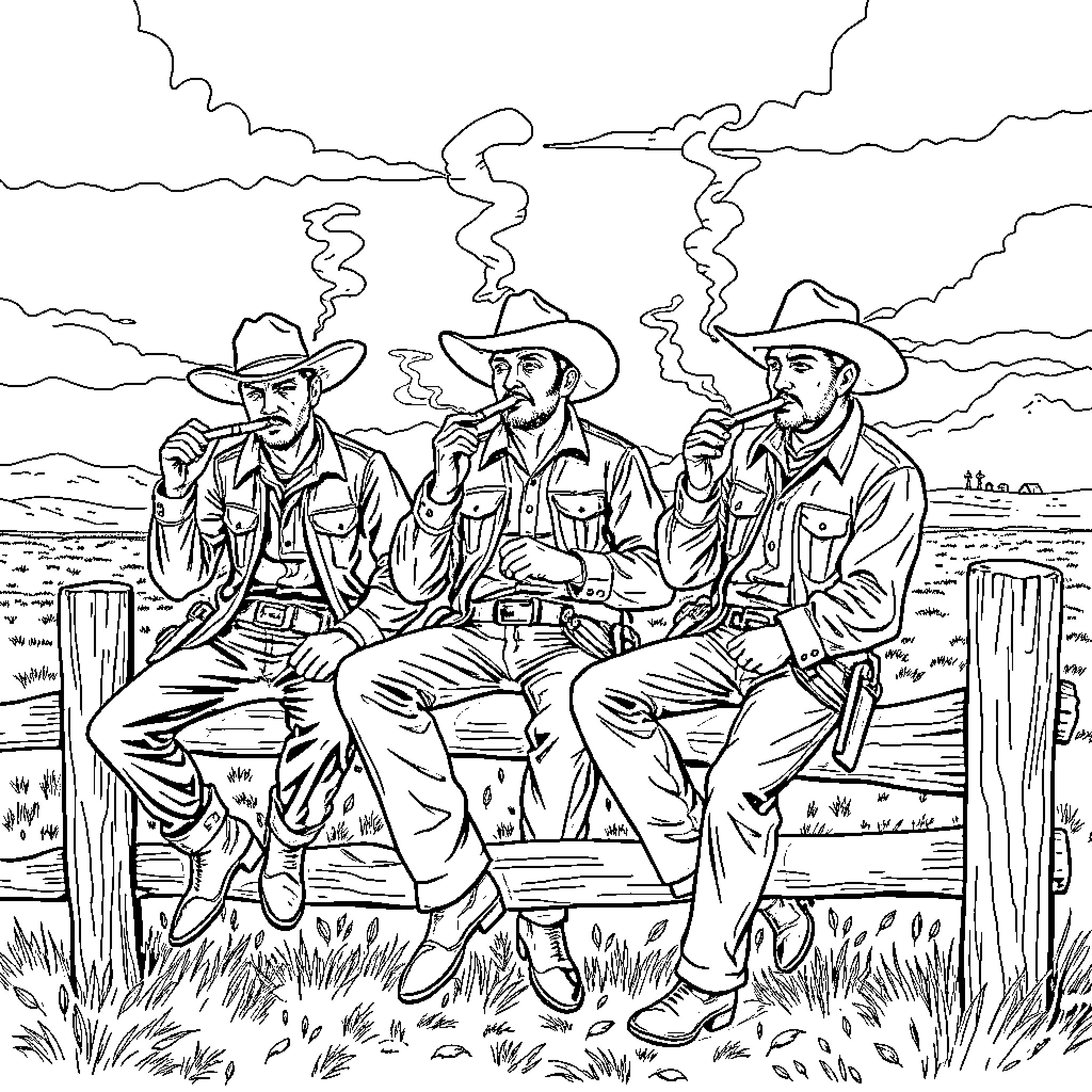 Cowboy trio sharing a smoke in the Wild West Coloring Page (free black-and-white line drawing printable PDF for all, from beginners to advanced learners, including children, teens, adults, and seniors)