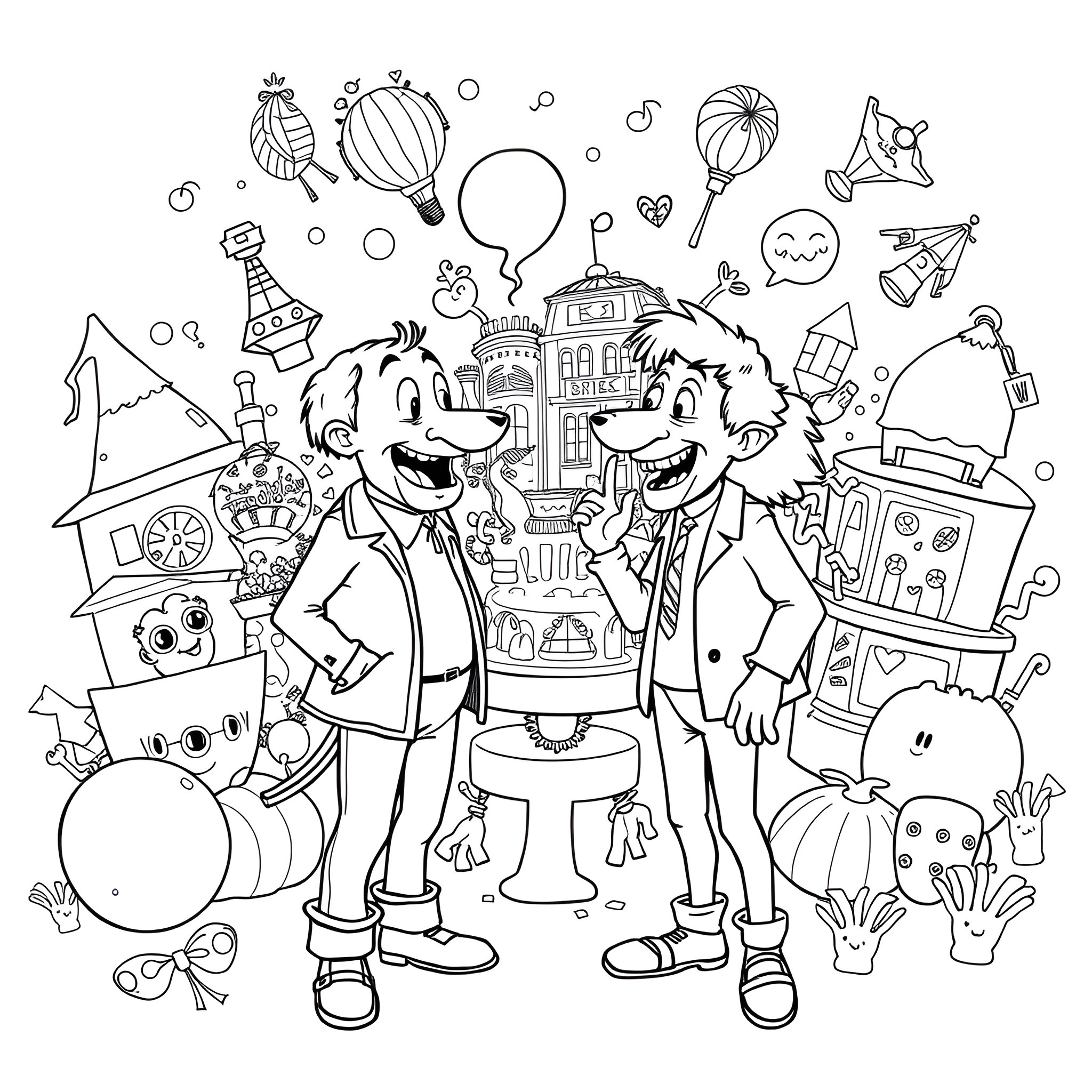 Elon Musk and Friends Explore Whimsical Dreamscape Coloring Page (free black-and-white line drawing printable PDF for all, from beginners to advanced learners, including children, teens, adults, and seniors)