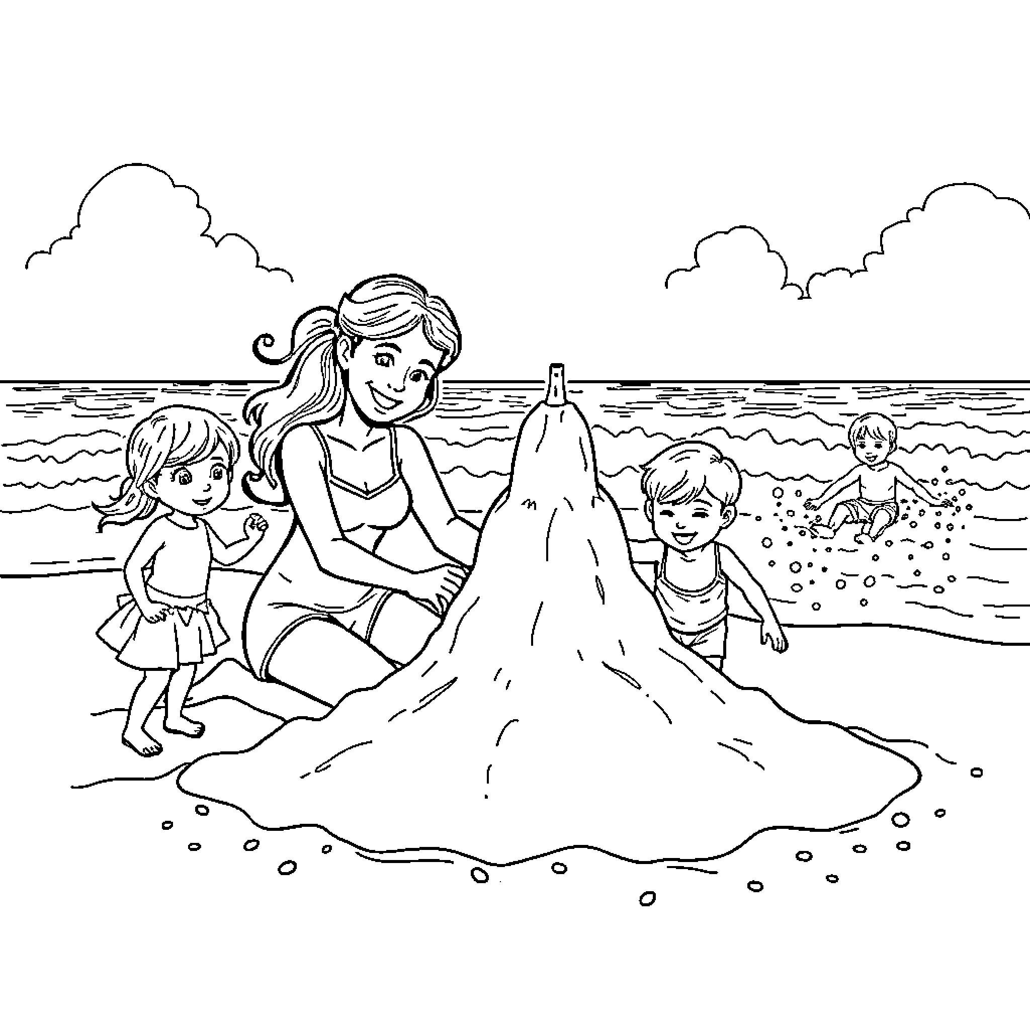 Family Enjoying Beach Day Together Coloring Page (free black-and-white line drawing printable PDF for all, from beginners to advanced learners, including children, teens, adults, and seniors)