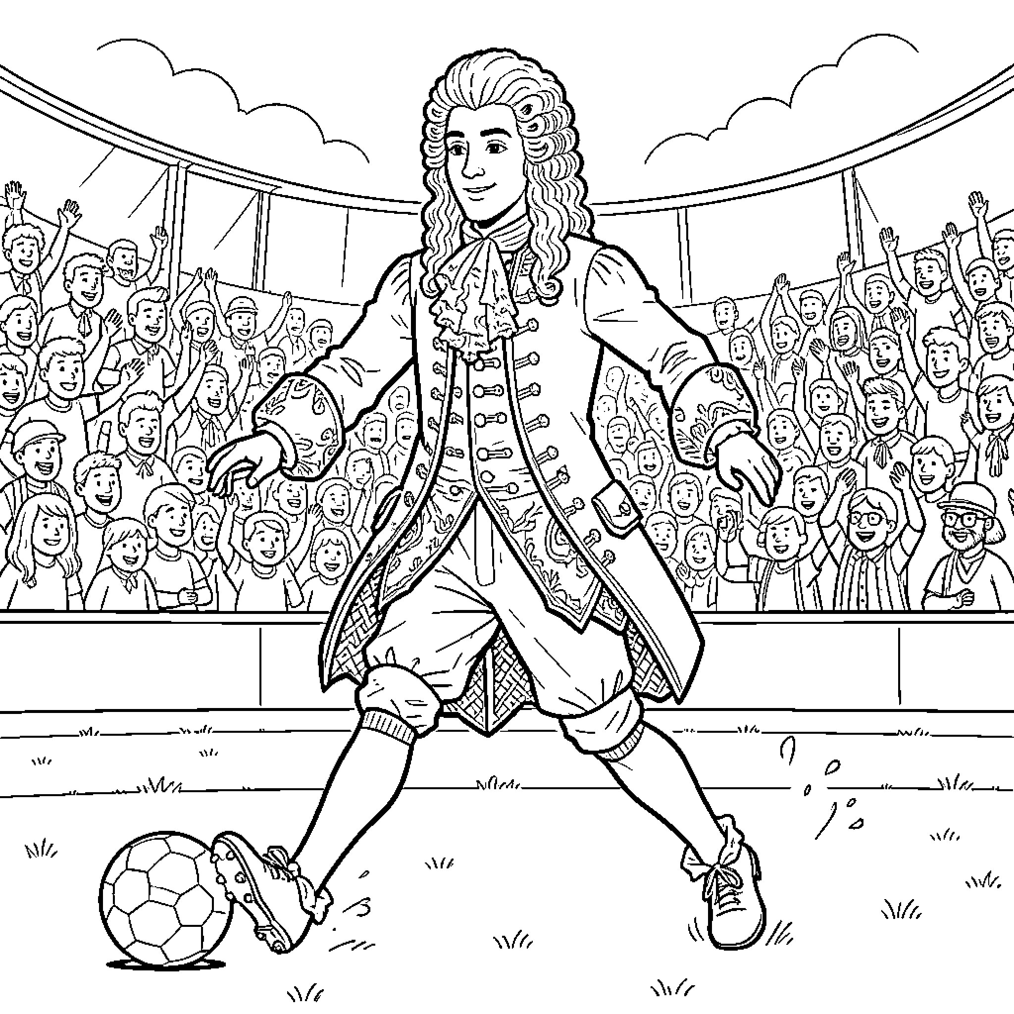 Kilian Mbappé playing soccer in historical period clothing Coloring Page (free black-and-white line drawing printable PDF for all, from beginners to advanced learners, including children, teens, adults, and seniors)
