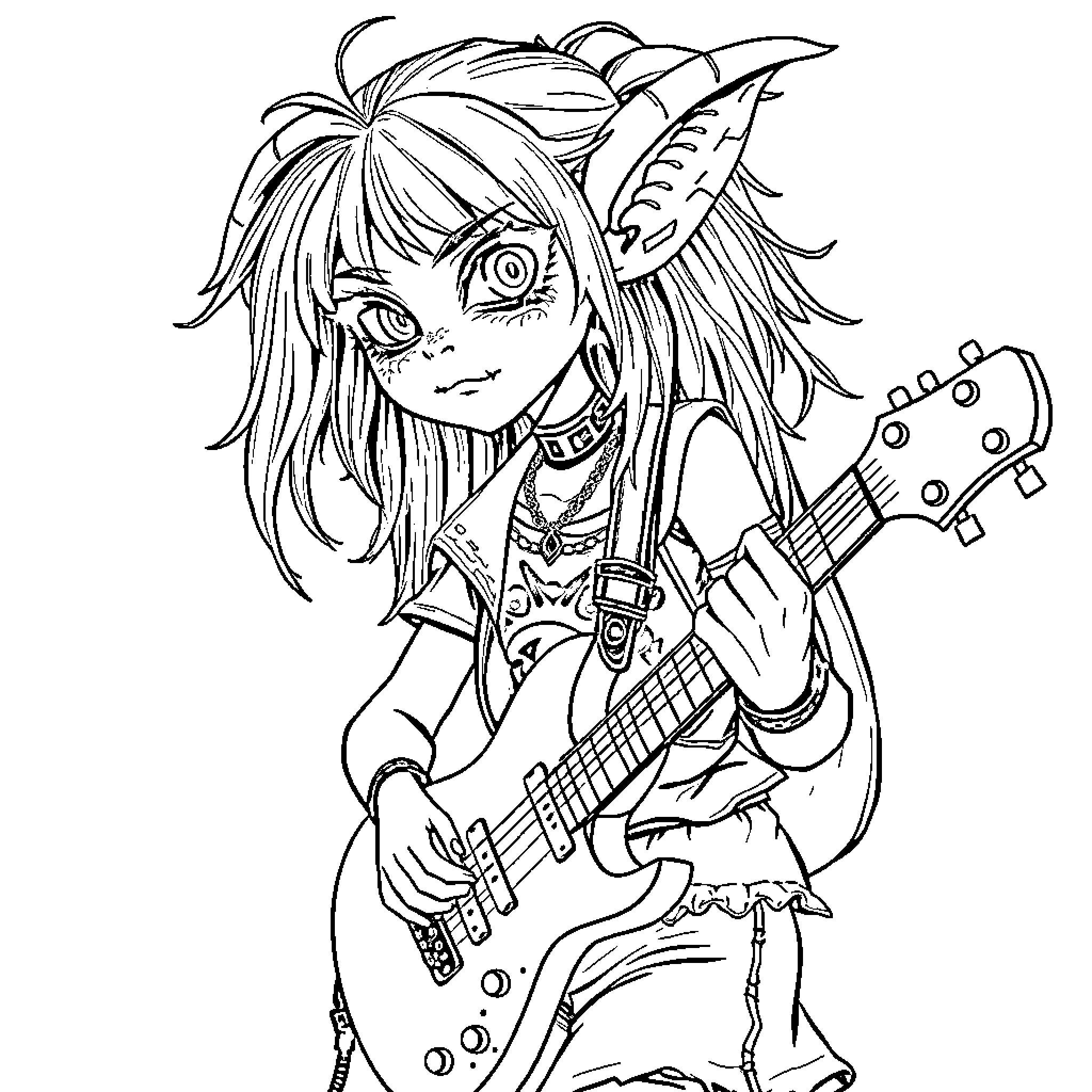 Goblin musician with guitar and eccentric appearance Coloring Page (free black-and-white line drawing printable PDF for all, from beginners to advanced learners, including children, teens, adults, and seniors)