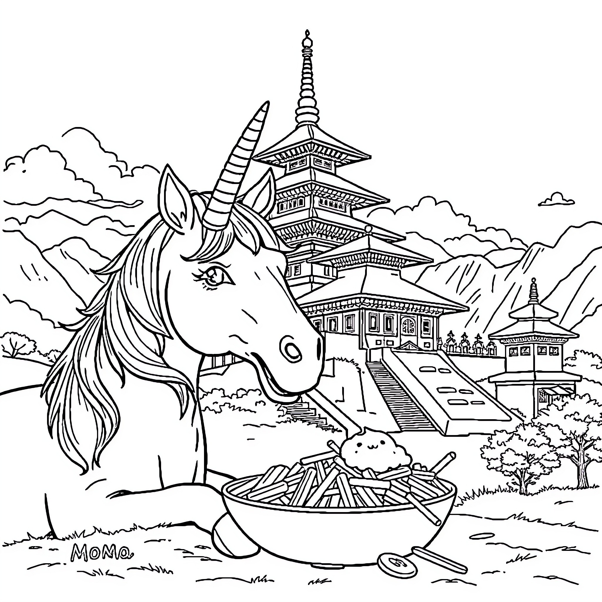 Unicorn exploring enchanting Asian landscape Coloring Page (free black-and-white line drawing printable PDF for all, from beginners to advanced learners, including children, teens, adults, and seniors)
