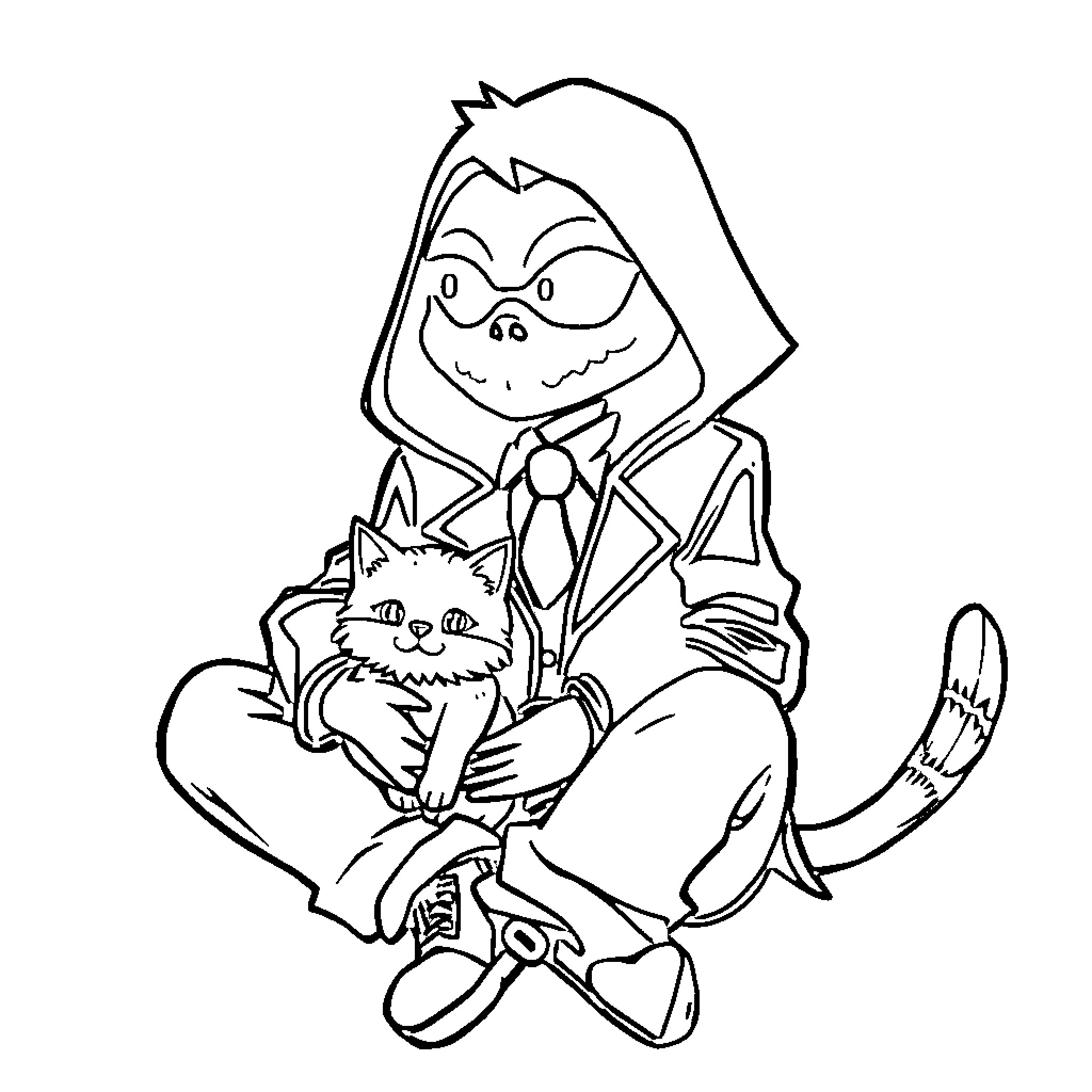 Cappuccino Assassino: Mischievous Hooded Figure and Pet Coloring Page (free black-and-white line drawing printable PDF for all, from beginners to advanced learners, including children, teens, adults, and seniors)